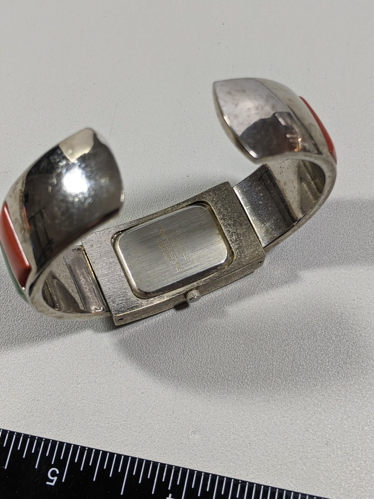 Silver Tone White Dial Natural Gemstone Blue Orange Green Red Open Cuff Watch