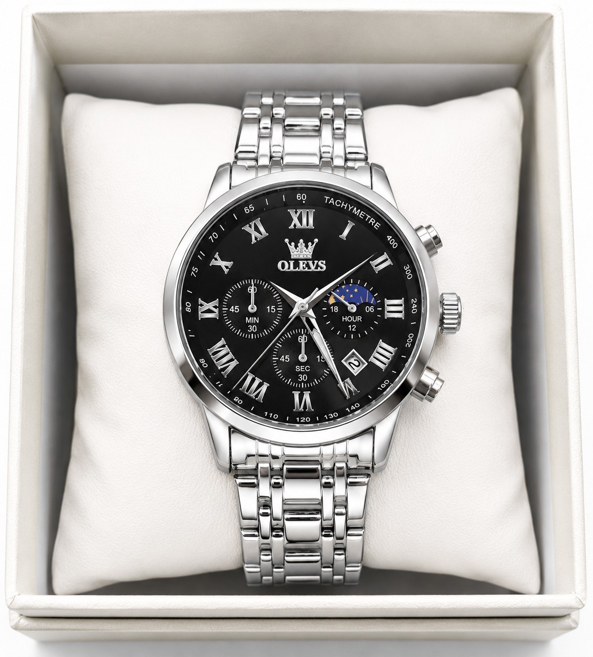 OLEVS 5529 Men’s Quartz Chronograph Watch Black Dial Stainless Steel