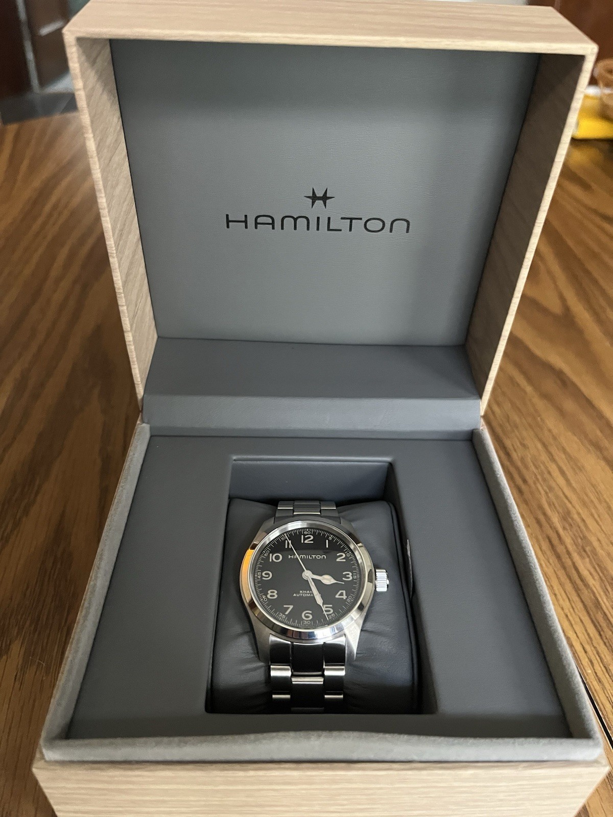 Hamilton Khaki Field Automatic 38mm Black Dial Steel Bracelet Watch w/ Box