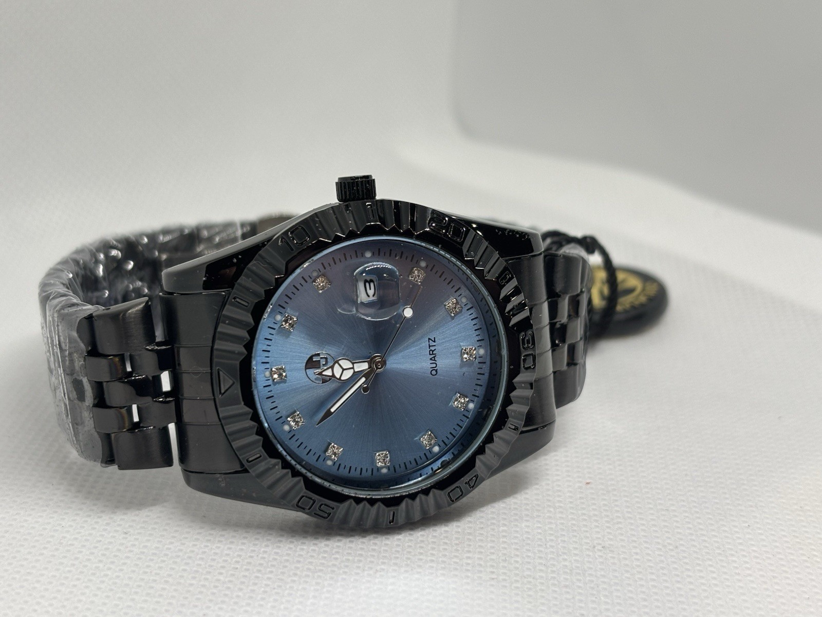 Mens Black Stainless Steel Blue Dial Quartz Watch Date Display New