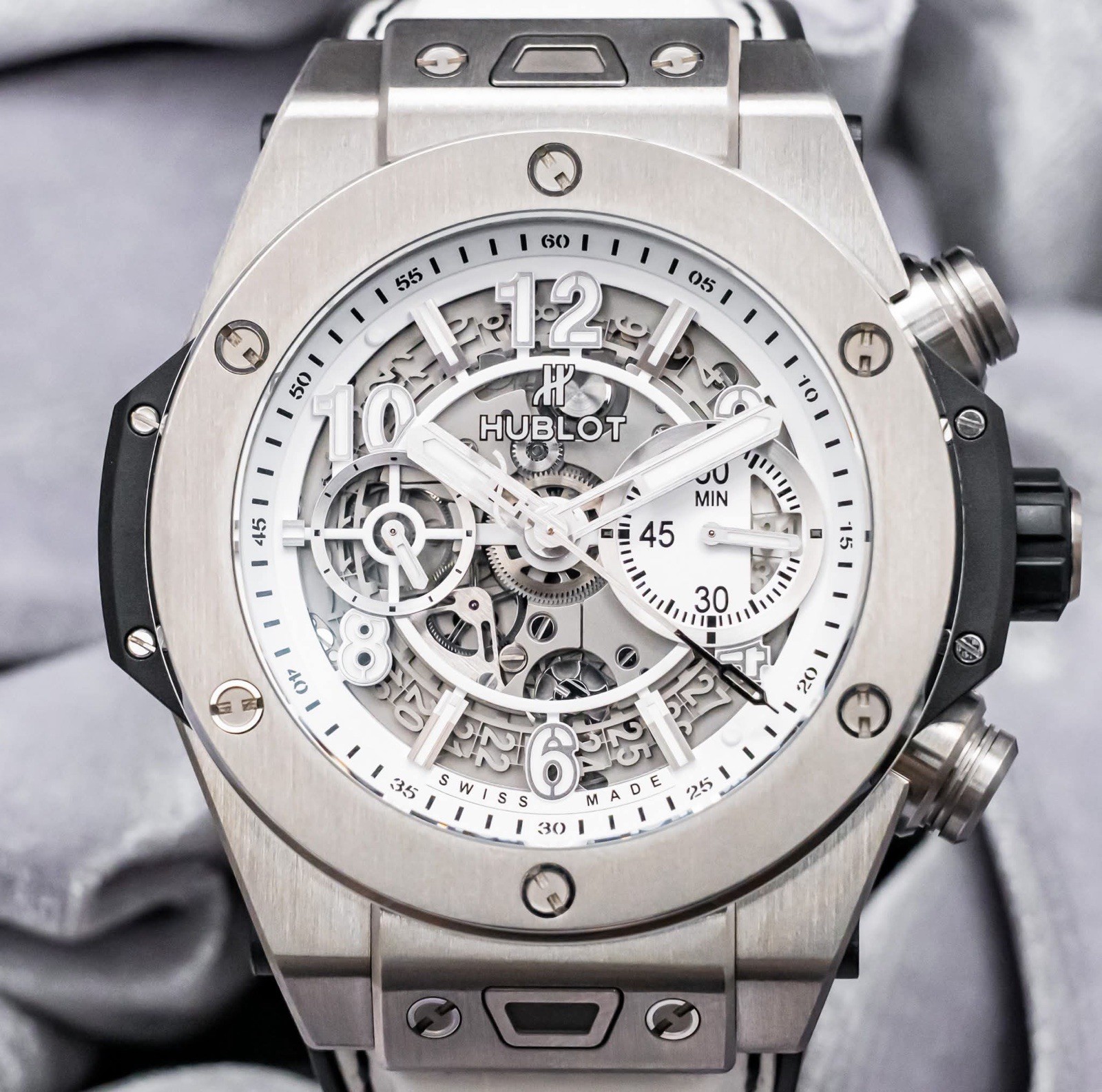 Hublot Big Bang Unico Titanium White JSM15 45 mm $20K MSRP 411.NE.2010.LR.JSM15