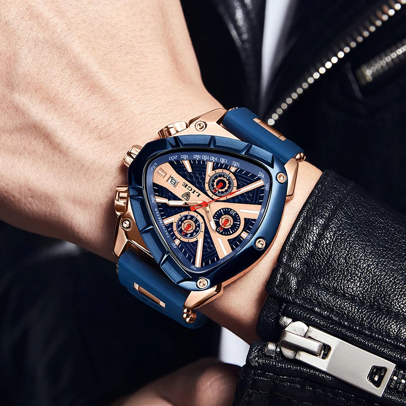 LIGE Fashion Men Watch Triangle Chronograph Military Wristwatch Sport Army Mens