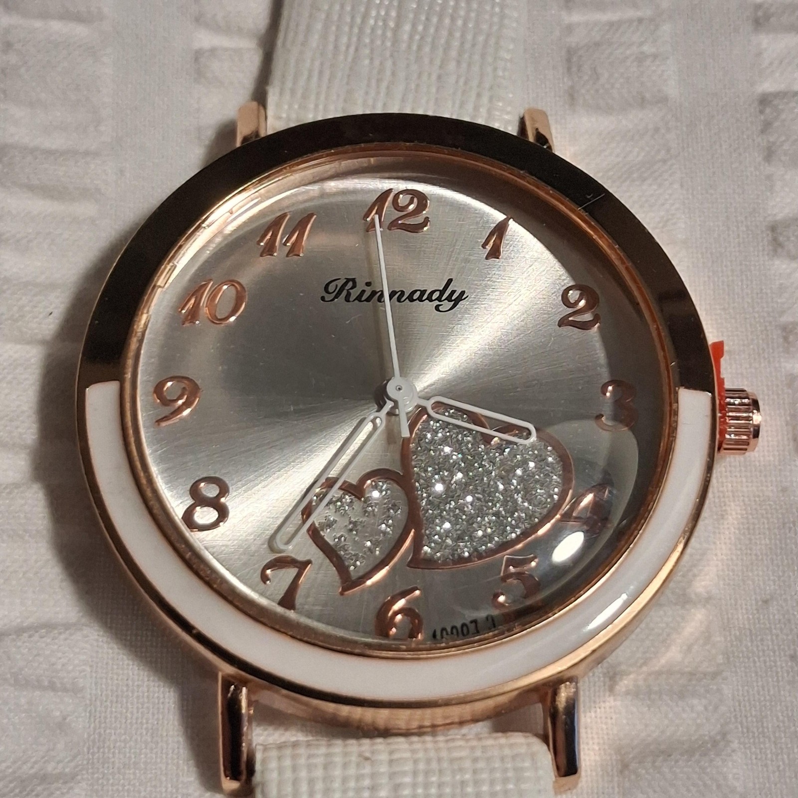 Rinnady Womens Wristwatch White Faux Leather Band Silver Dial Rose Gold 13007-3