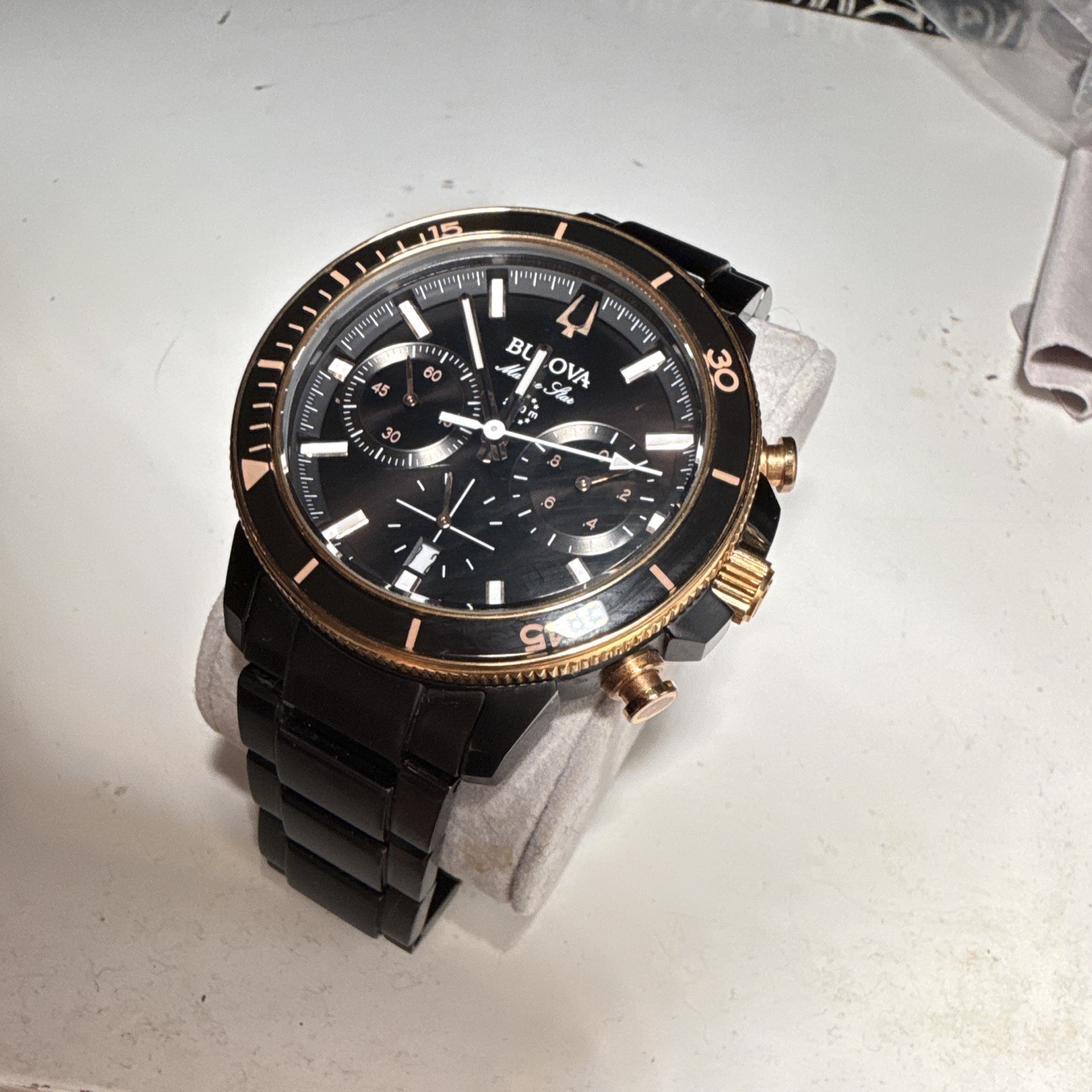 Bulova Marine Star Chronograph Date Quartz 45mm 200m Black Dial Bracelet
