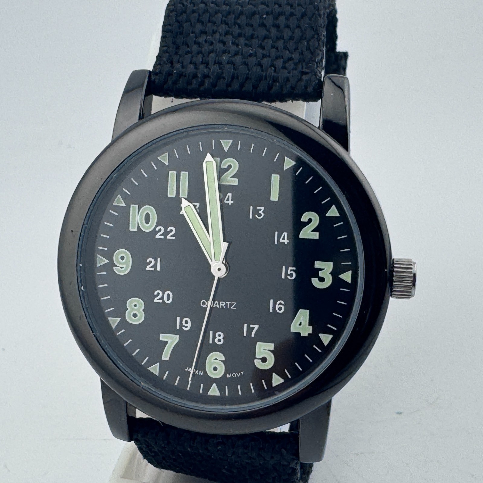 VTG SLE Japan Quartz Watch Men Black Military Dial Canvas Band Analog New Batter