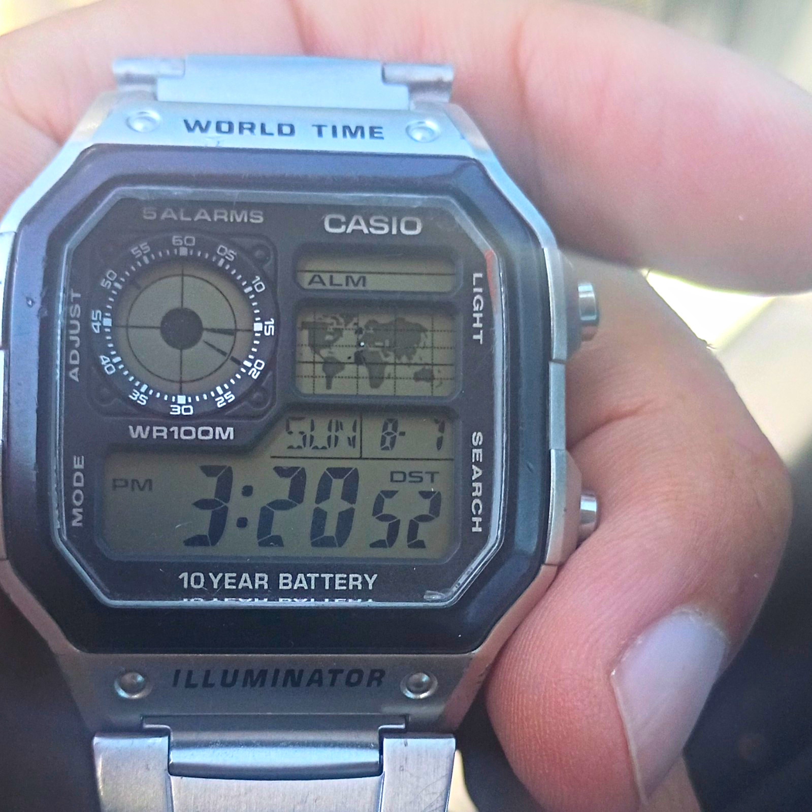 Casio Illuminator World Time Digital Watch WR100M Quartz 42mm Silver SS