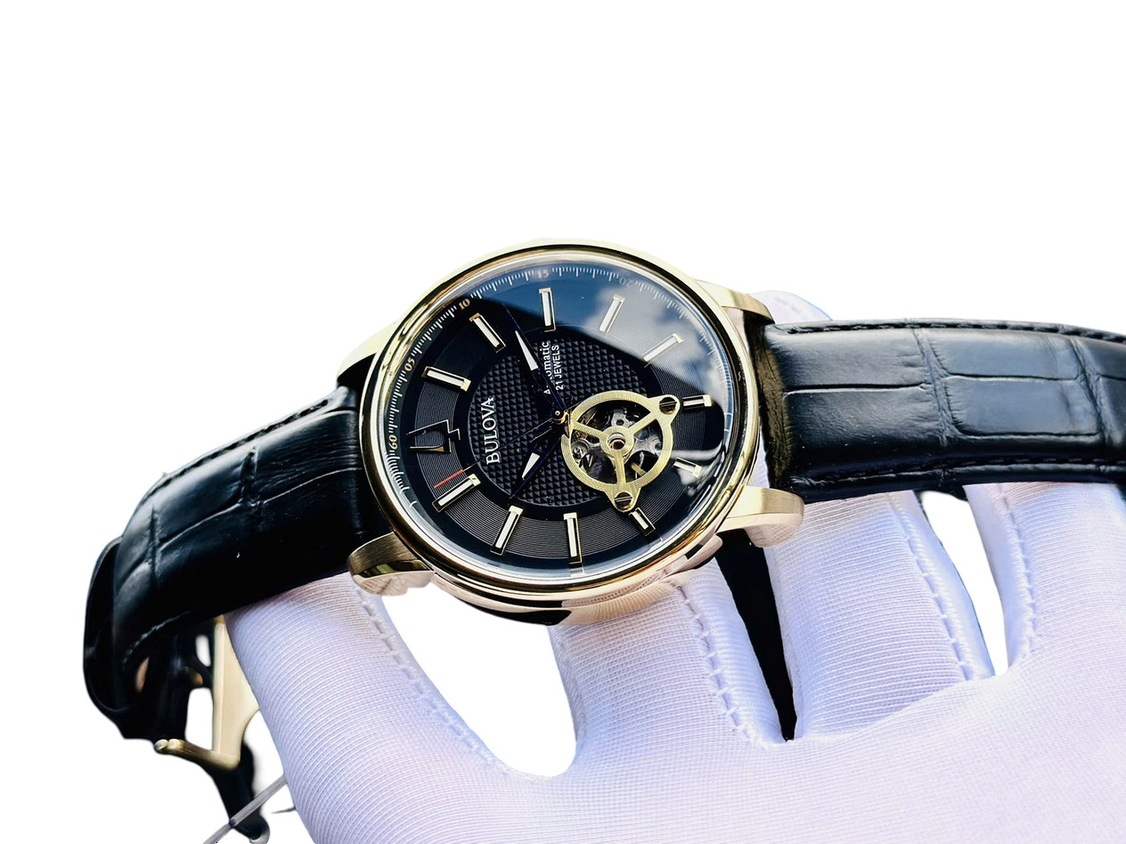 Bulova 97A166 Automatic Gold Tone Black Dial Leather Band Men’s Watch