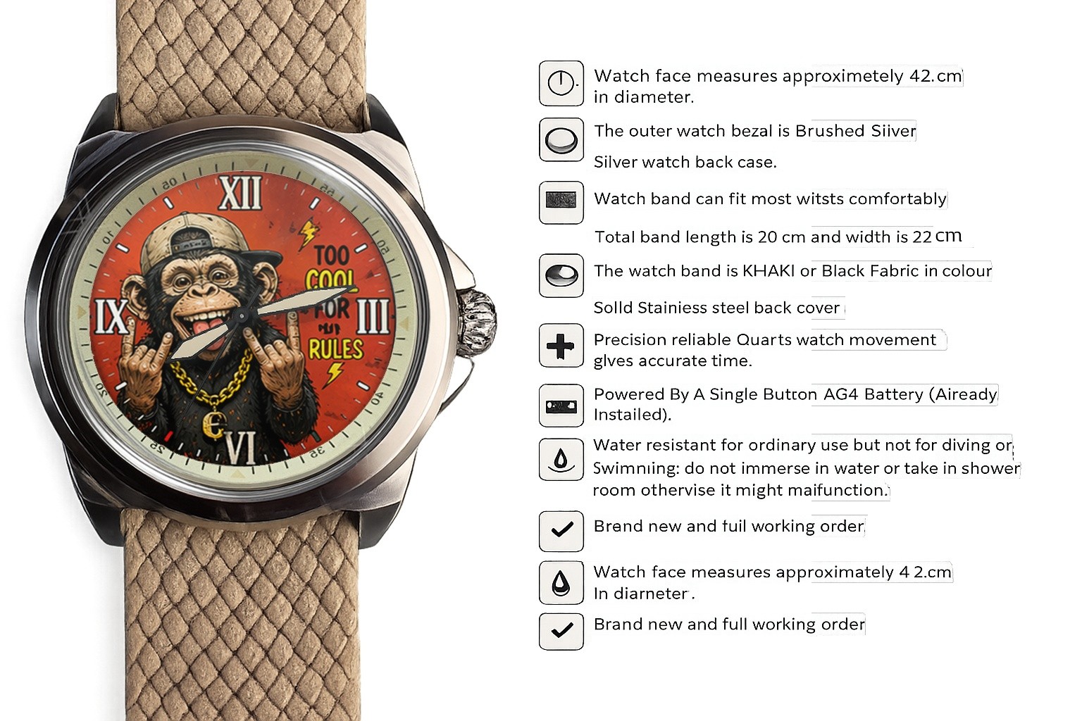 Funny Pop Animal Art Chimp Monkey Khaki Fabric Strap Wrist Watch Boxed