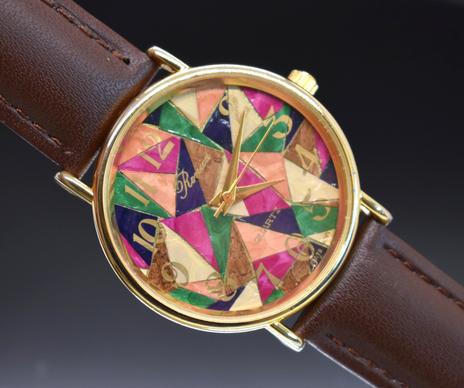 Vintage Ronica Abstract Geometric Art Dial Quartz Watch Women Swiss 80s Dress