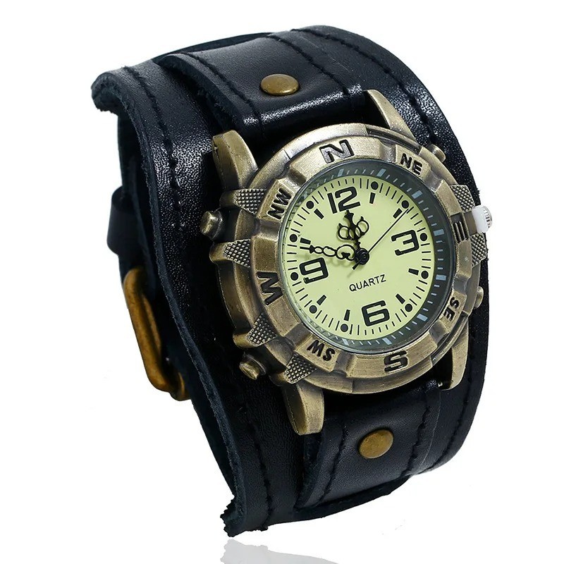 Vintage Retro Leather Cuff Bracelet Wide Band Steampunk Mens Quartz Wrist Watch