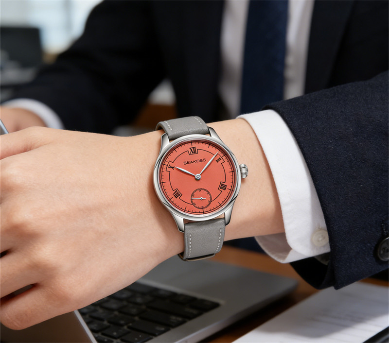 SEAKOSS Manual Wind Mechanical Watch Orange Roman Dial Small Seconds Gray Leathe