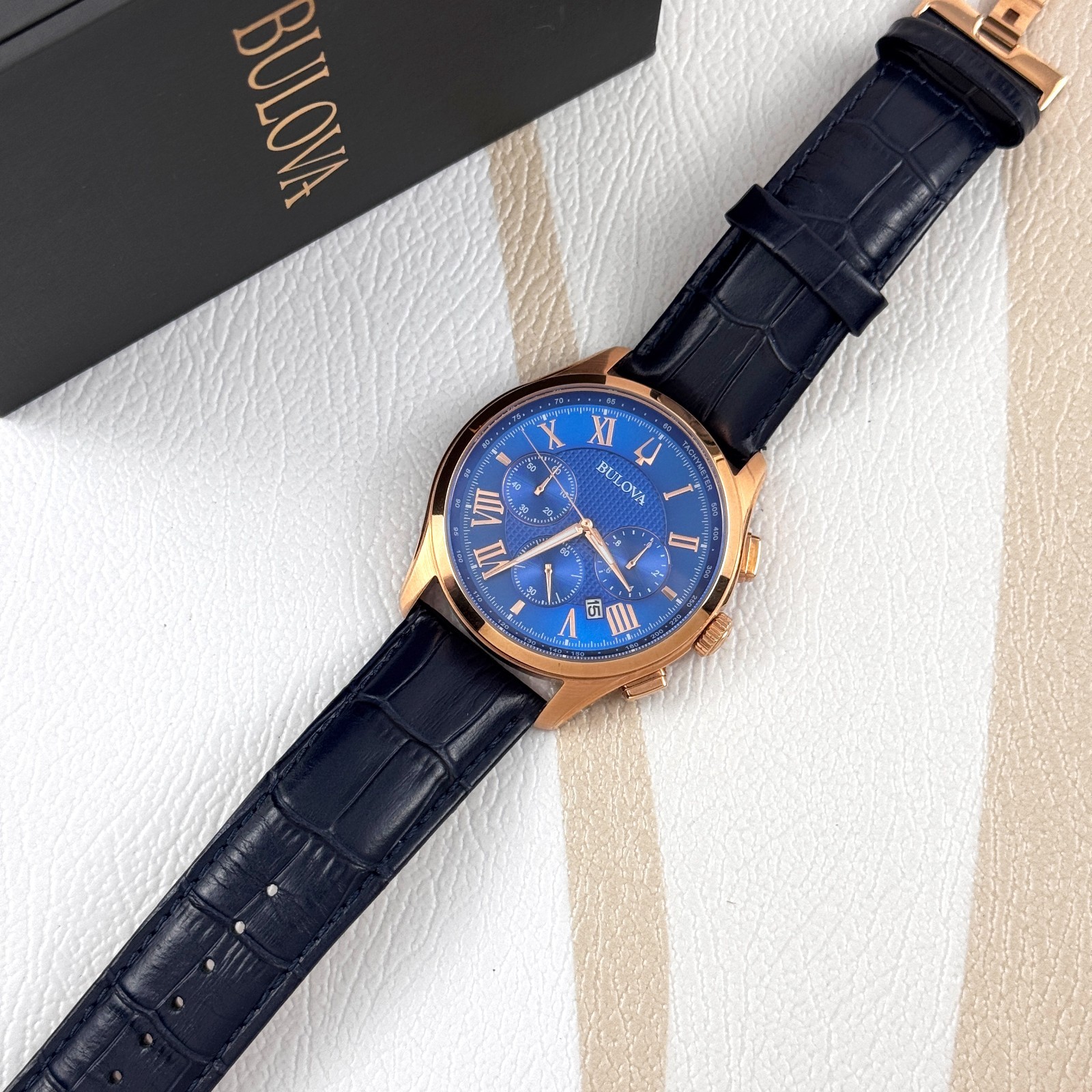 Bulova Men’s Classic Wilton 97B170 Blue Dial Leather Strap Quartz Watch 46.5 mm