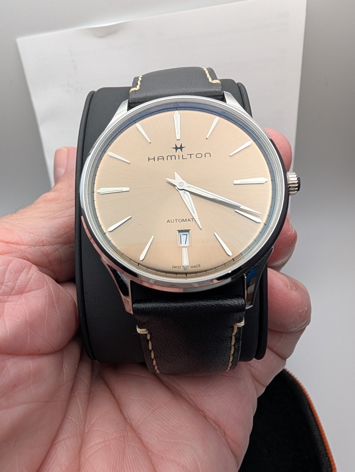 Hamilton Jazzmaster Beige Swiss Automatic Watch w/ Black Leather Strap – H385250