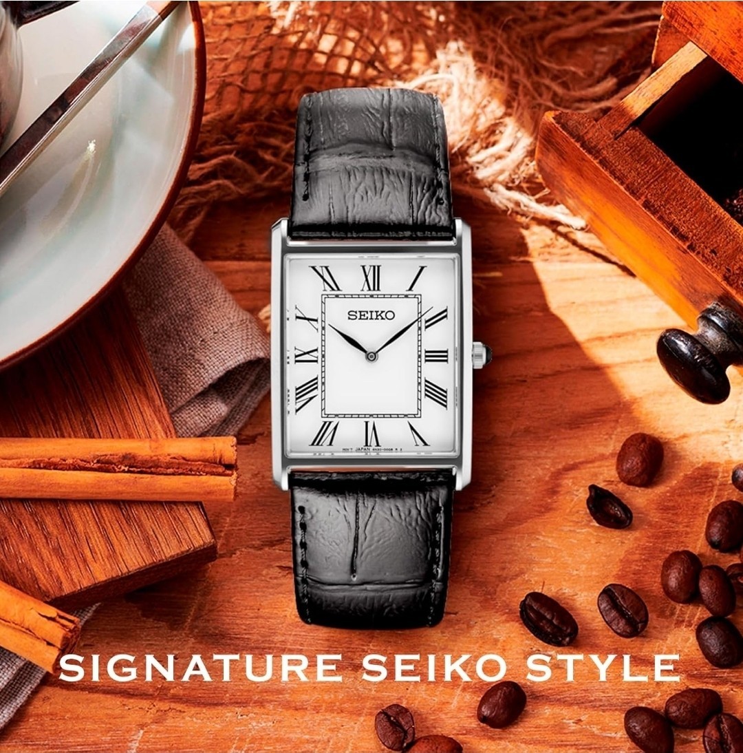 Seiko Tank Men’s Quartz Rectangle Watch White Roman Dial Black Leather 30m