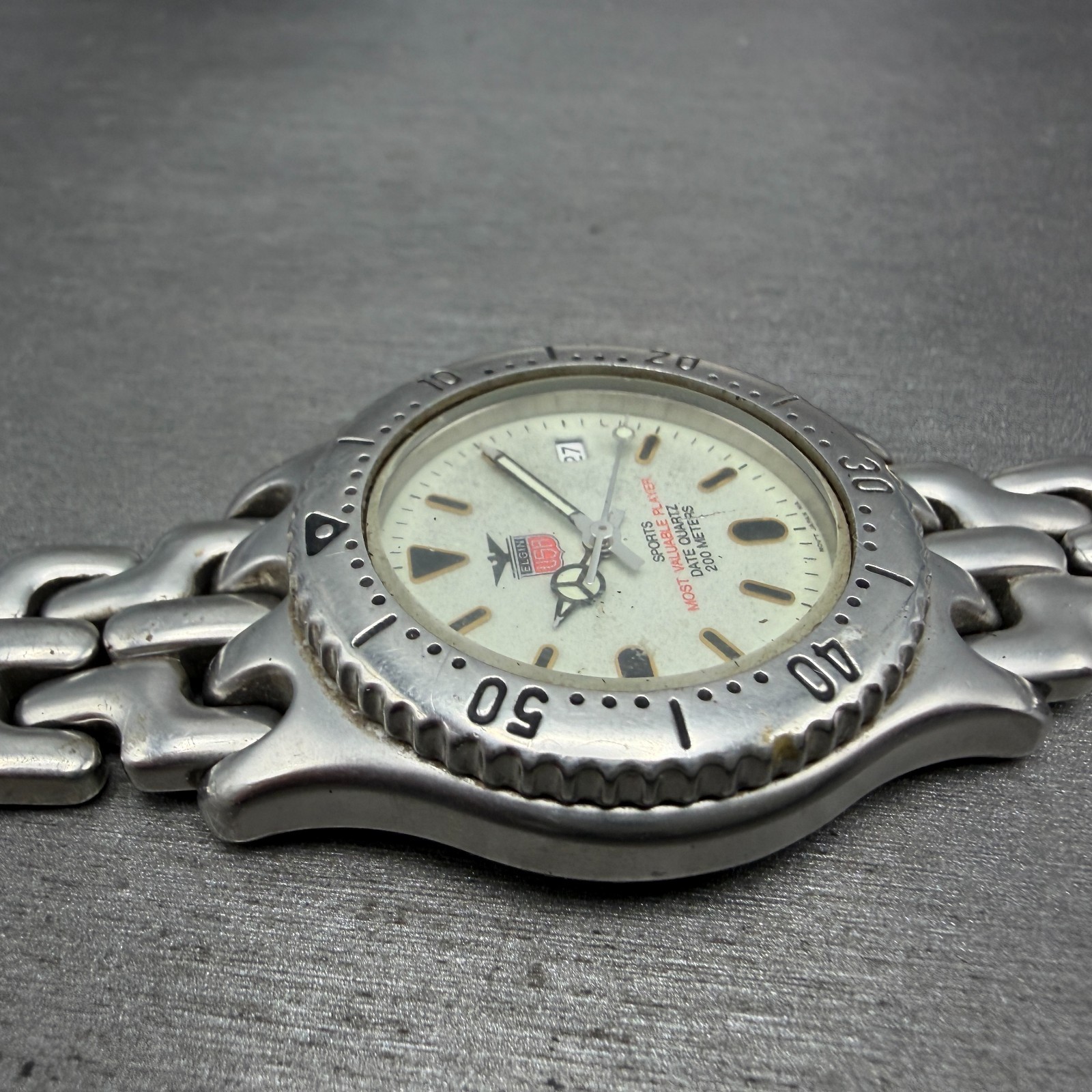 Elgin Dive Watch Men 37mm Gray Dial Silver Tone Date Round FK-592 New Battery