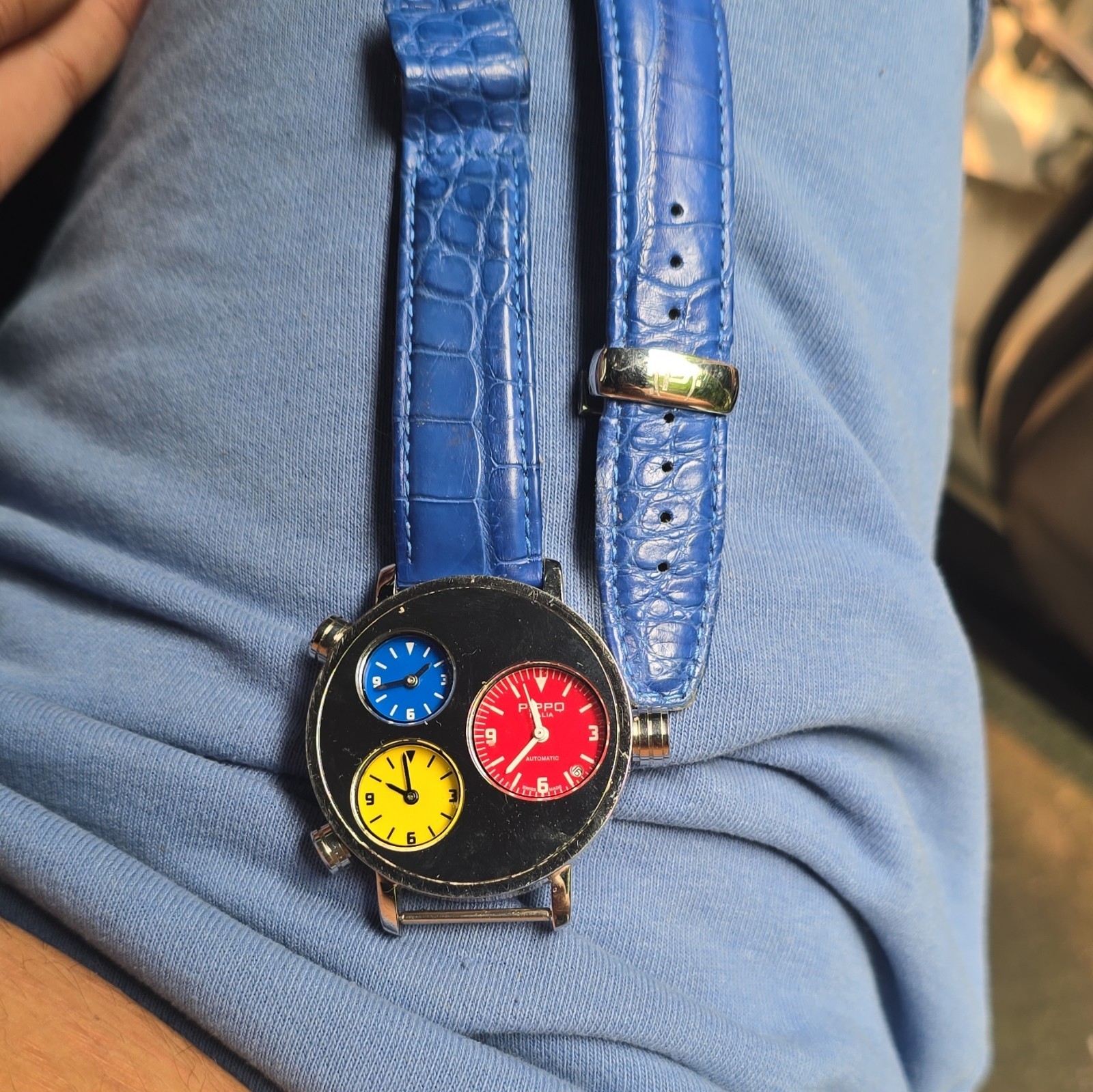 Pippo Lifetime Automatic Analog Watch 50m Silver Steel Blue Leather Strap