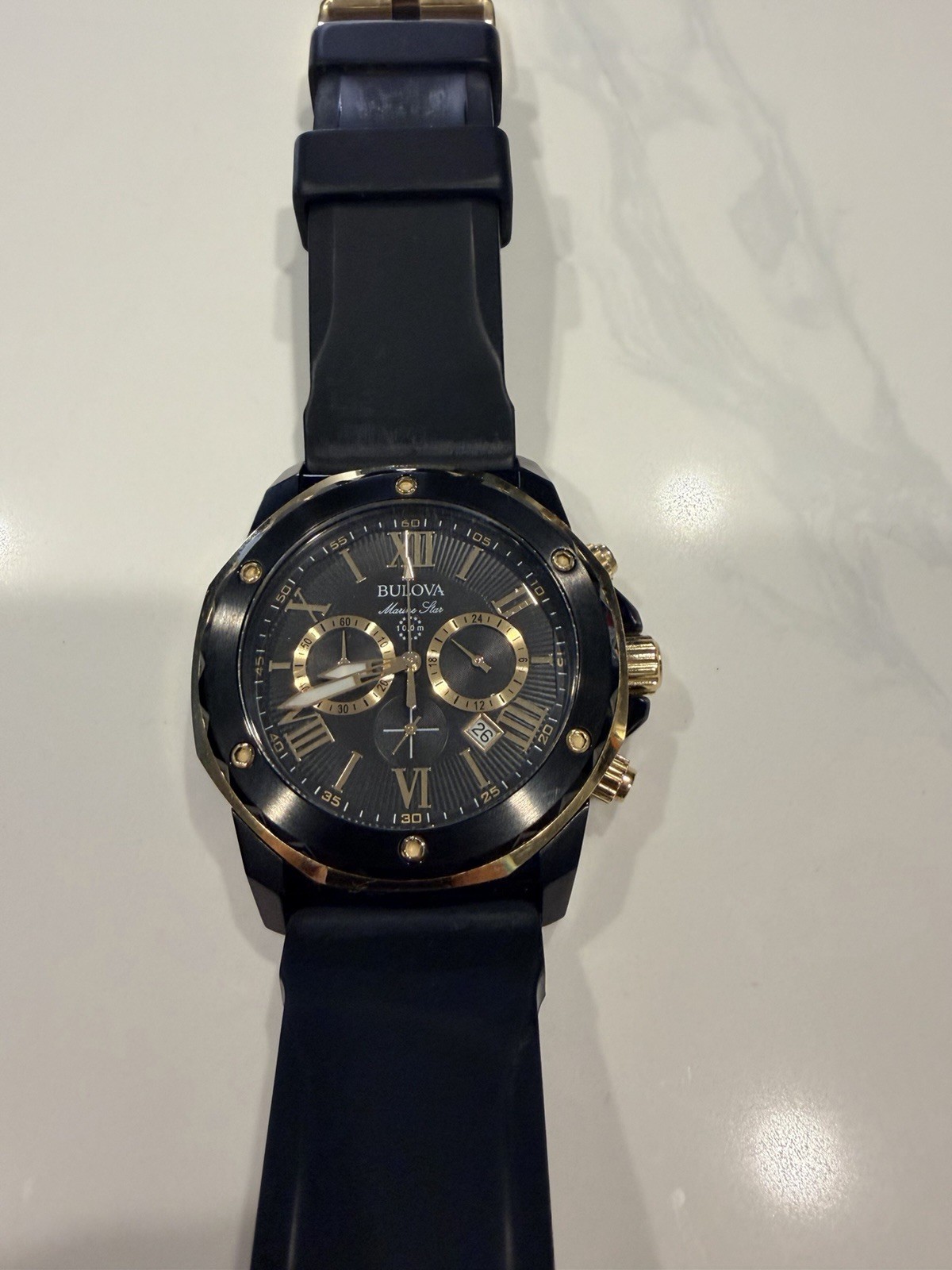 Bulova Marine Star Quartz Chronograph Date 100m Black/Gold Dial 44mm