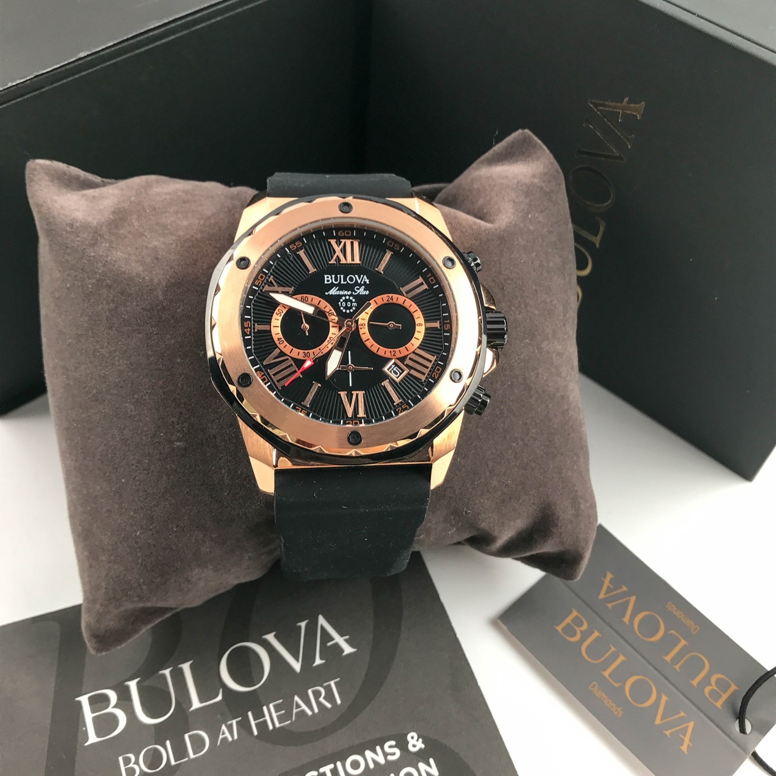 Bulova Marine Star 98B104 Black Dial Silicone Strap Chronograph Men’s Watch 44mm