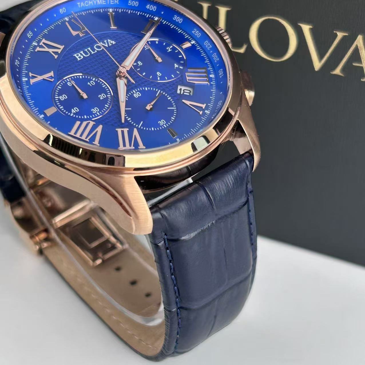 Bulova Wilton Classic 97B170 Blue Dial Leather Strap Men’s Quartz Watch 46.5 mm