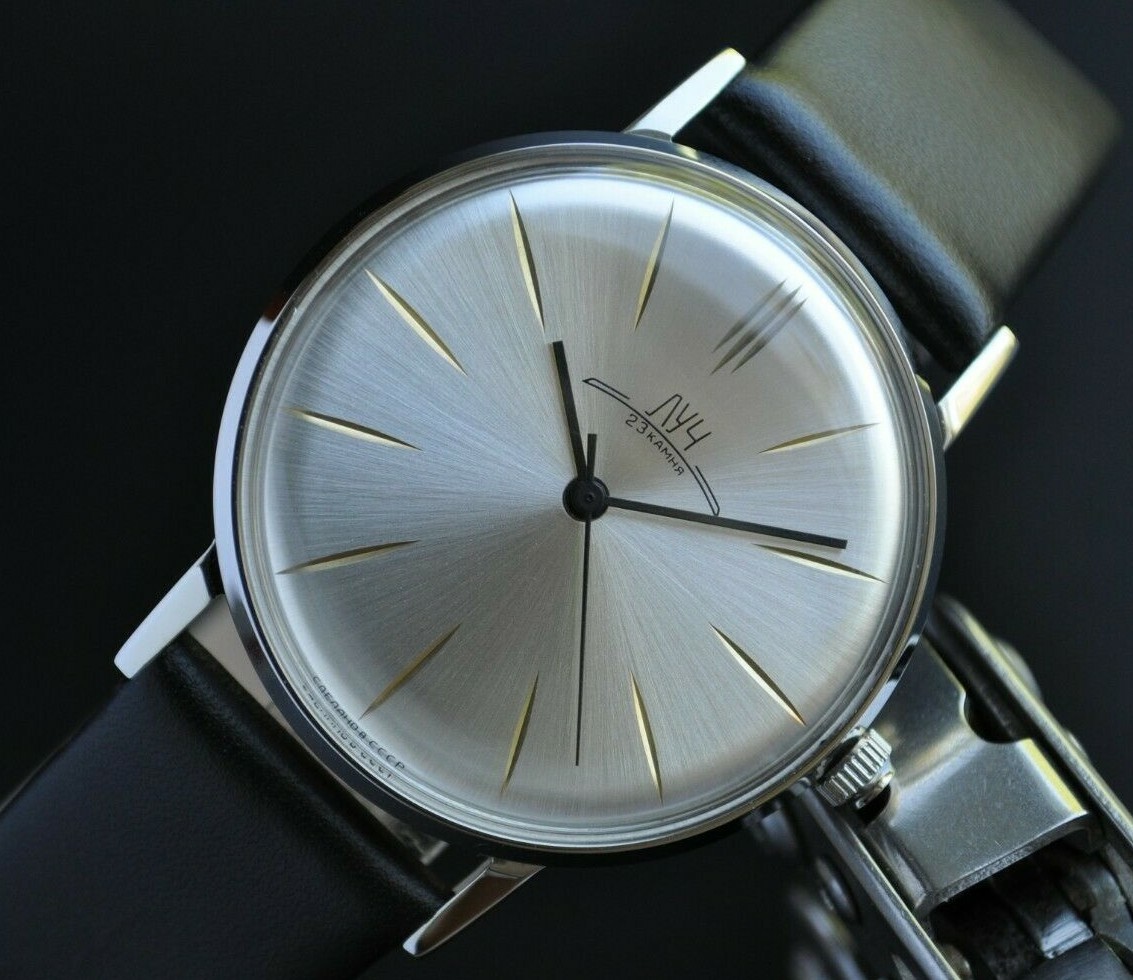 NOS Poljot De LUXE LUCH Extra SLIM Watch Men’s Vintage USSR Case St.Steel R.