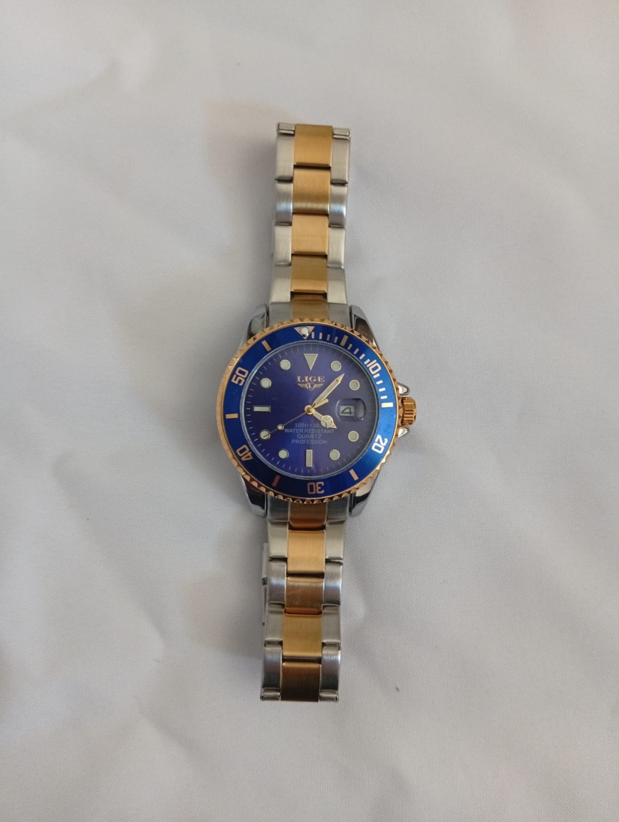 LIGE Men Quartz Watch Two Tone Gold Silver Stainless Steel Band Luxury Blue Dial