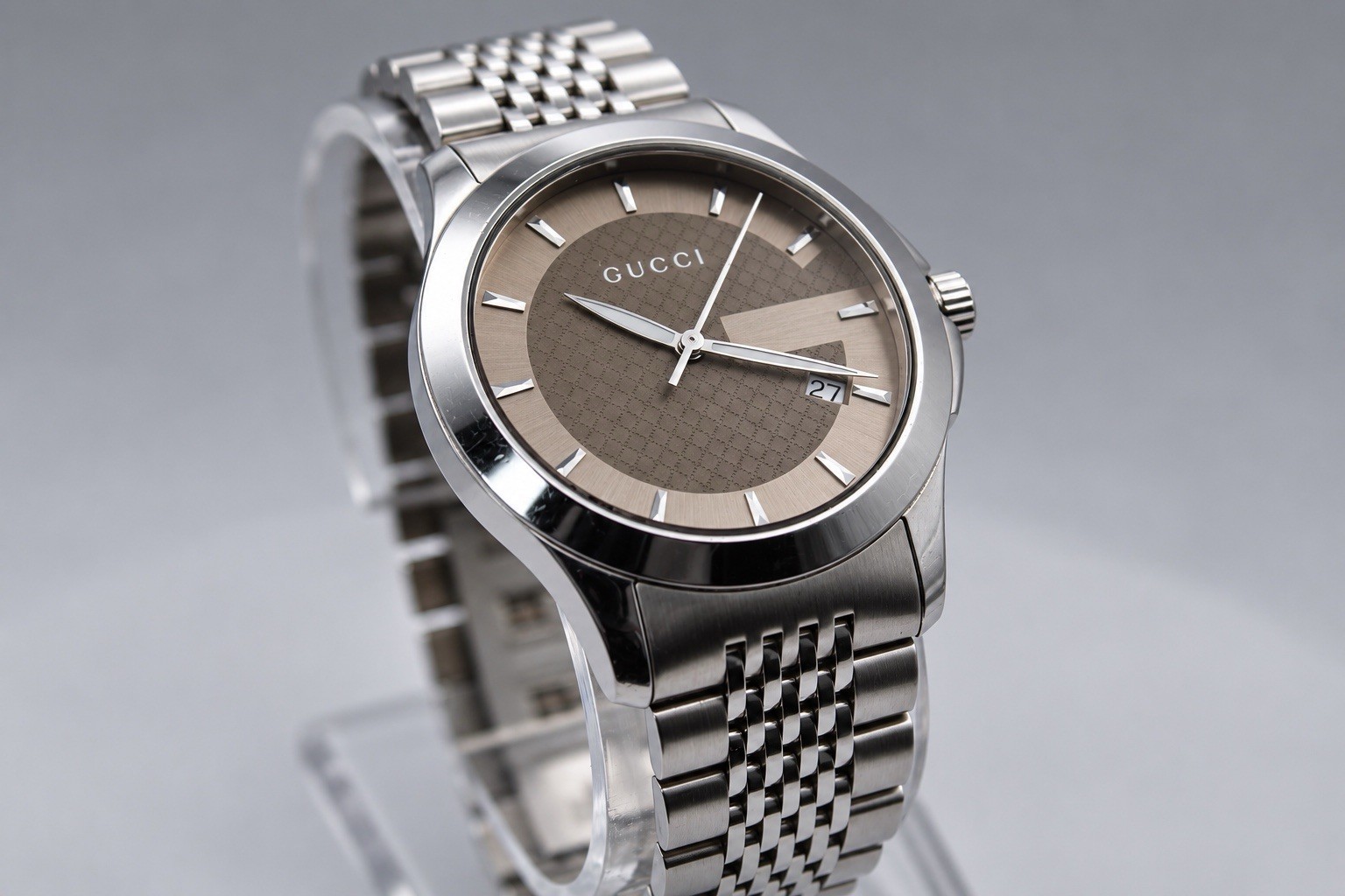 GUCCI YA126406 Brown Dial G Timeless Date 126.4 Series Silver Tone Men’s Watch