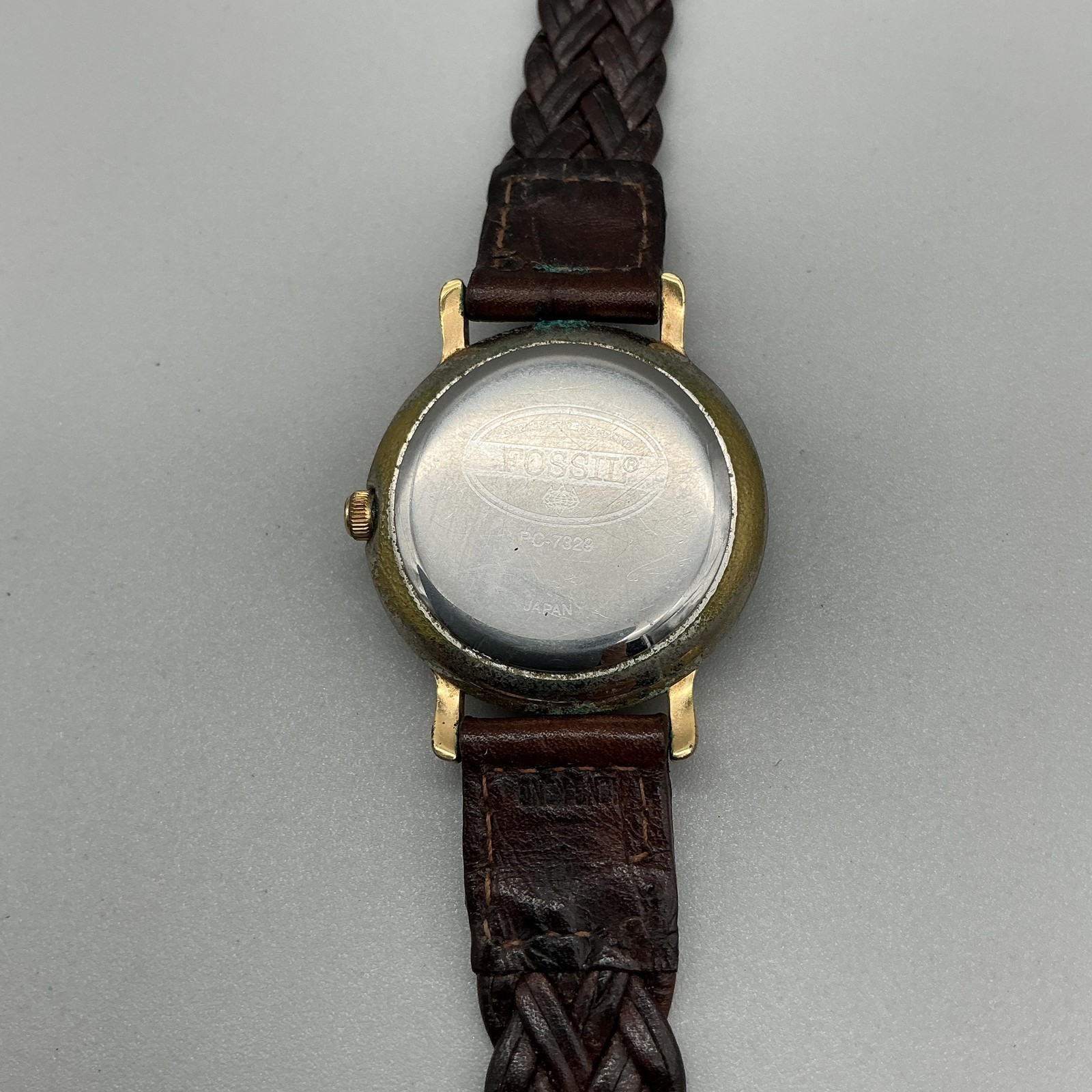 Vintage Fossil Womens Watch 28mm Mosaic Stone Bezel Leather PC-7024 New Battery