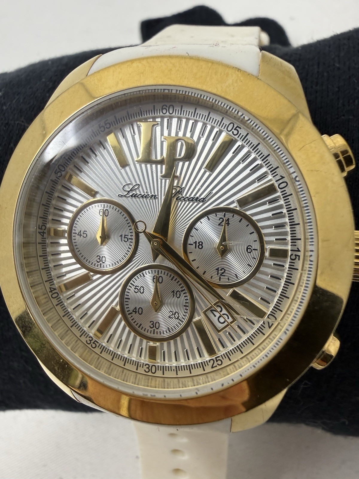 Lucien Piccard LP Chronograph Watch White Dial Silicone Strap Runs New Battery