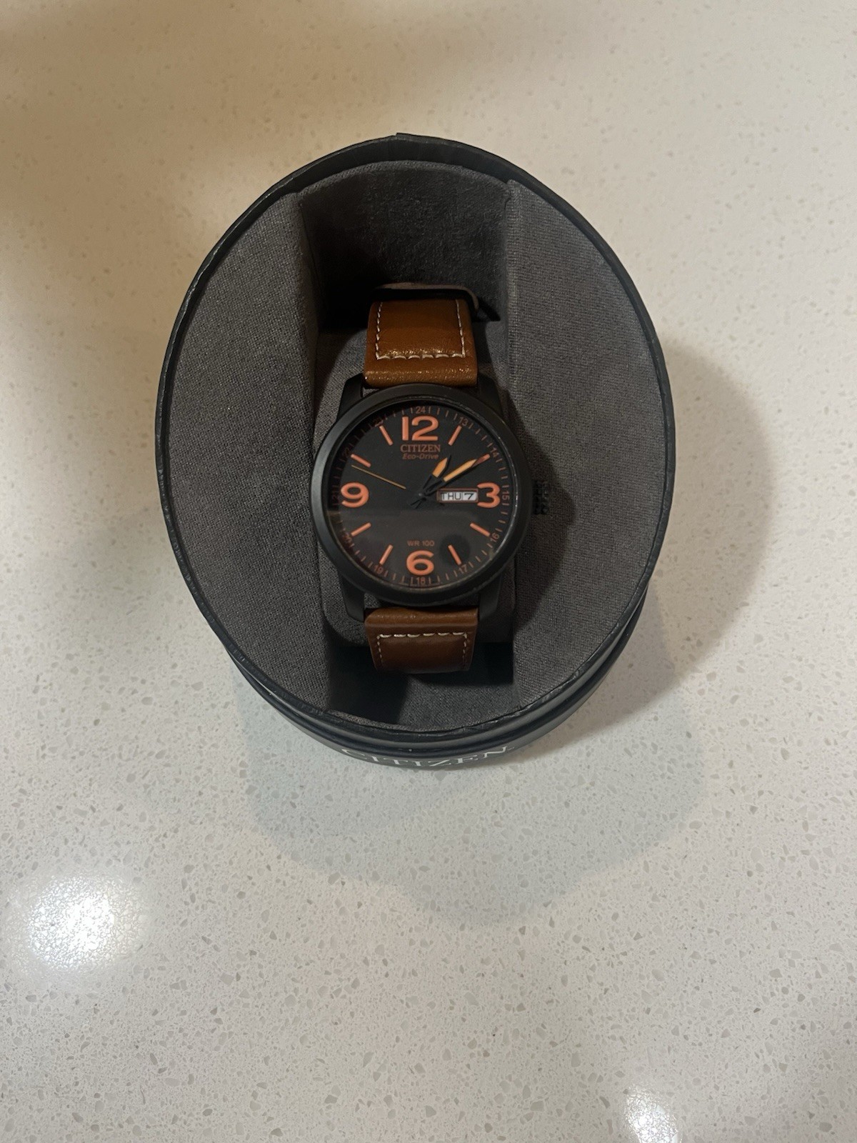Citizen Eco-Drive Men’s Black Dial Brown Leather Strap Quartz Watch w/ Box