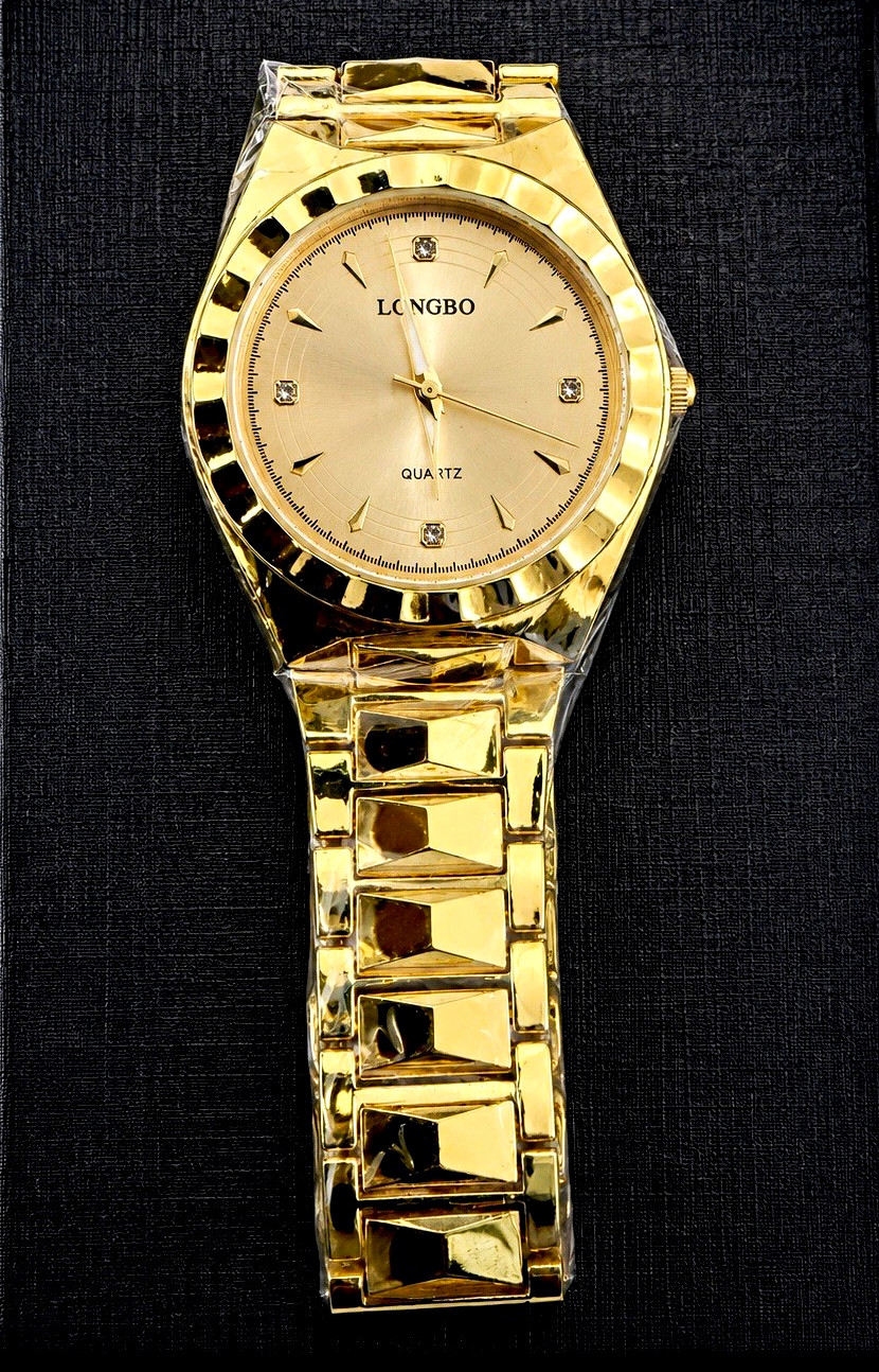 LONGBO Unisex Quartz Analog Watch 12-Hour Gold Dial Gold Metal Bracelet