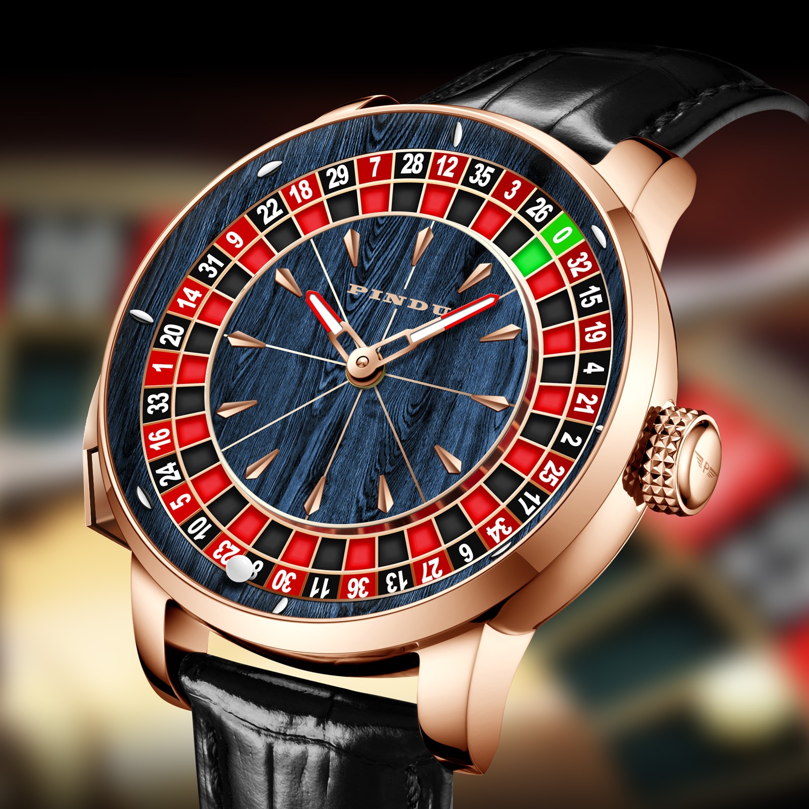 PINDU Roulette-Themed Rose Gold with Wood-Grain/Featured Dial Genuine Leather