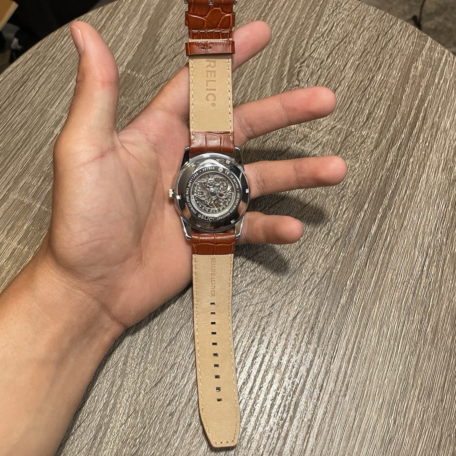 Relic Automatic Skeleton Dial Watch 42mm 50m Silver Dial Brown Leather Strap