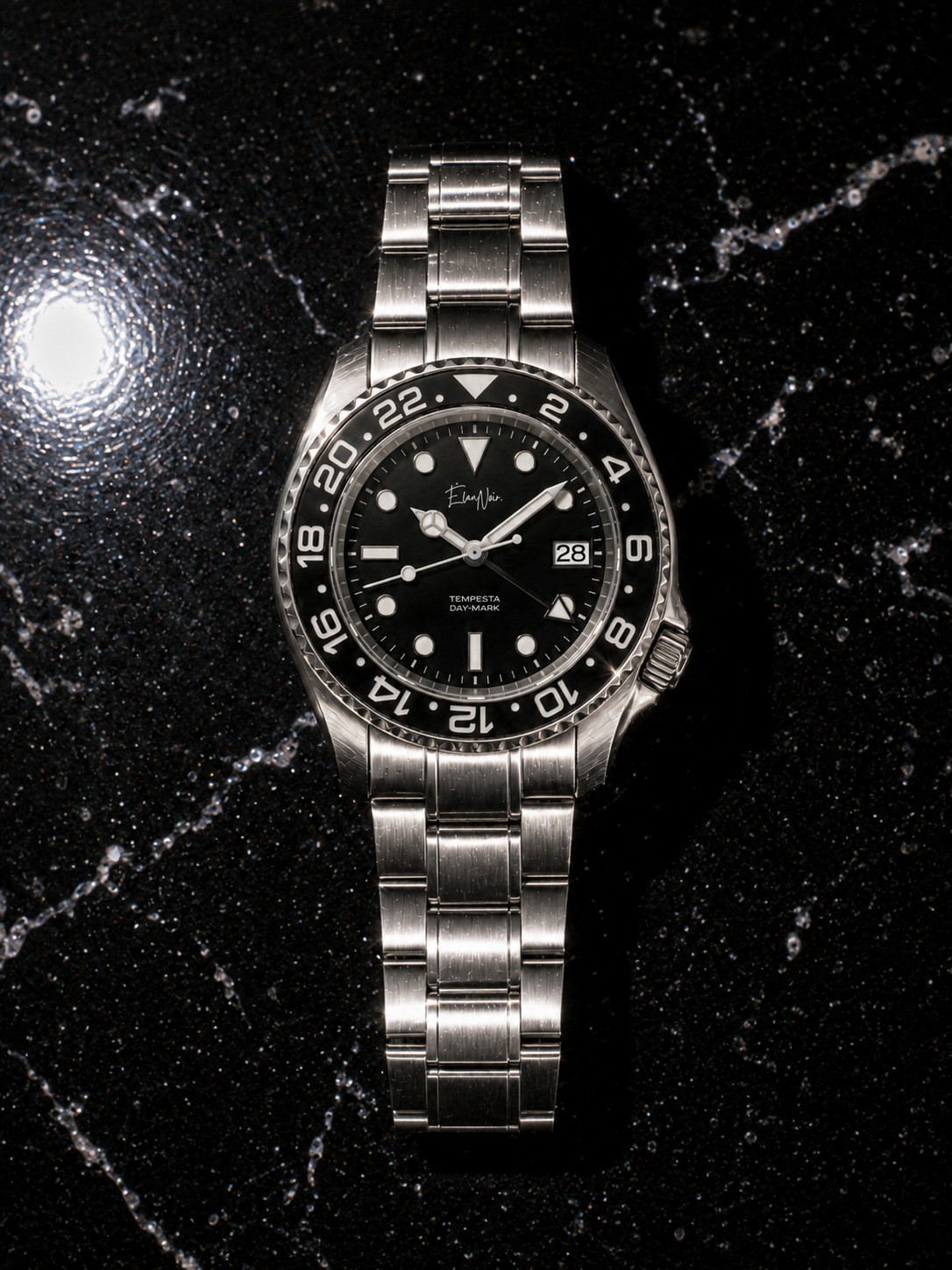 Men’s Automatic GMT Watch 41mm Black Dial Stainless Steel Élan Noir Tempesta