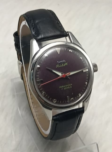 Vintage HMT Pilot Tropical Purple Dial Hand Winding Men’s Watch Black Leather