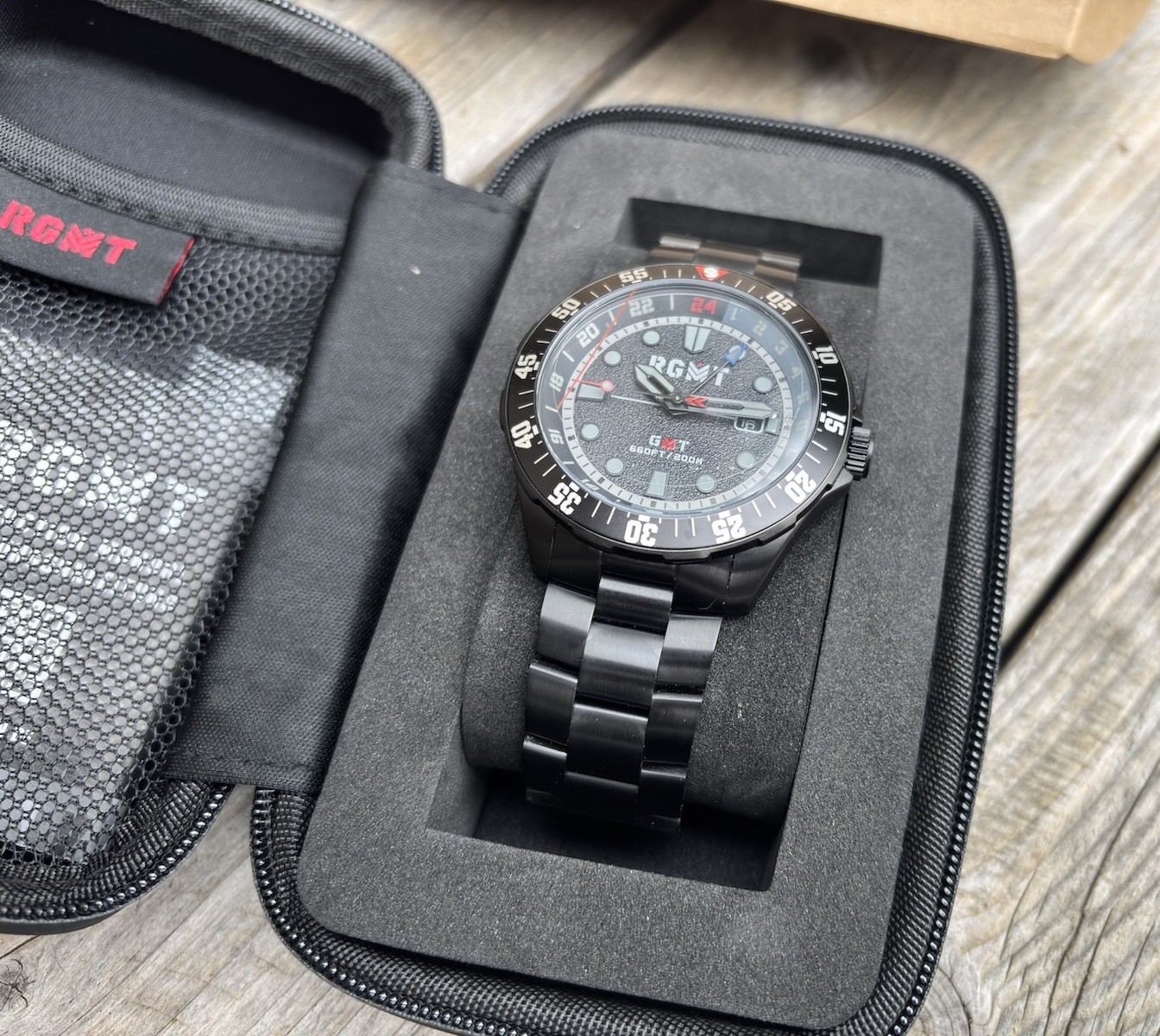 RGMT Continental GMT – Stealth Black. Swiss GMT Movement. free display stand