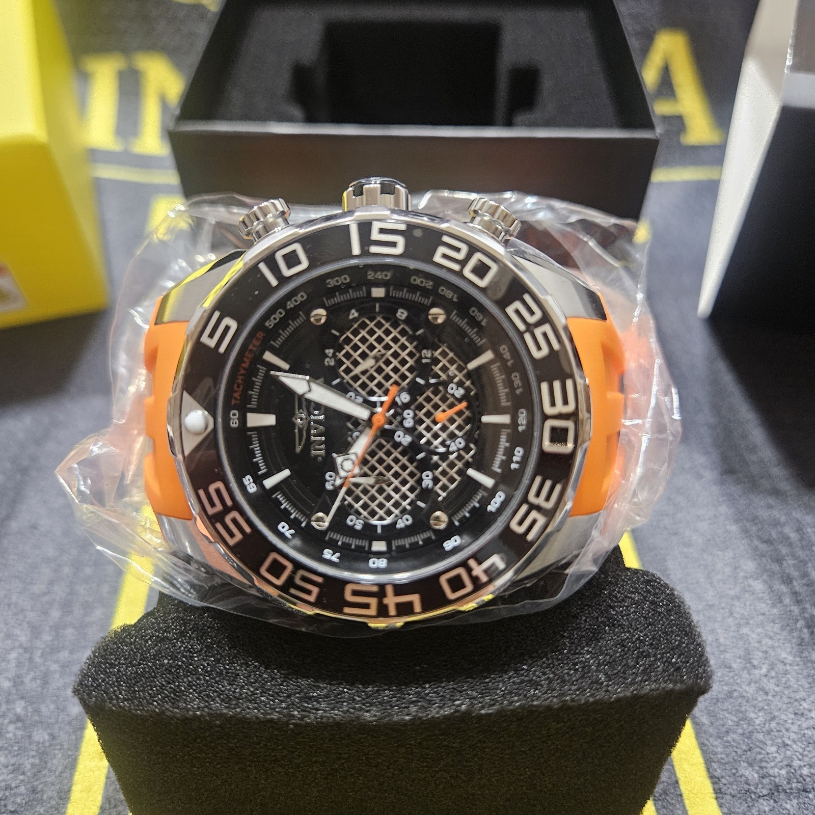 Invicta Mens Speedway Chronograph 50mm Black Dial Orange Strap Quartz Watch
