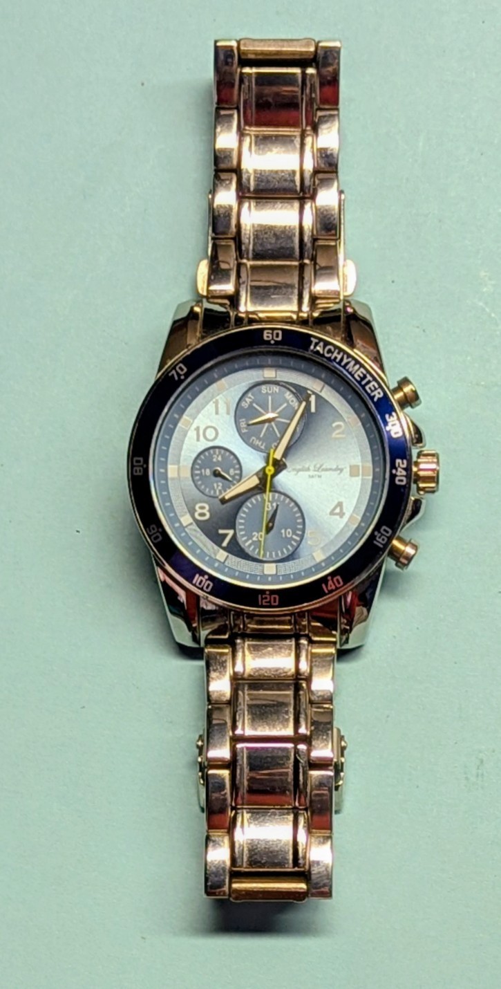 English Laundry Quartz Analog Watch Baby Blue Dial Tachymeter SS Bracelet 46mm