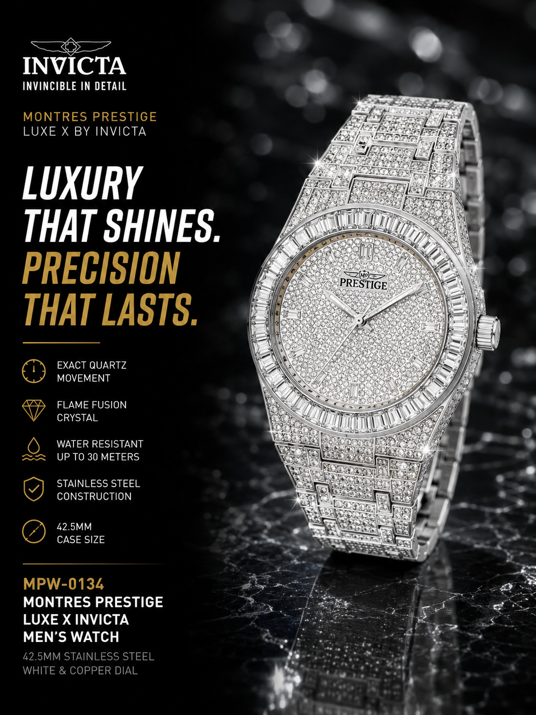 Montres Prestige Luxe X Invicta MPW-0134 Iced Out Crystal Men’s 42.5mm Watch NWT