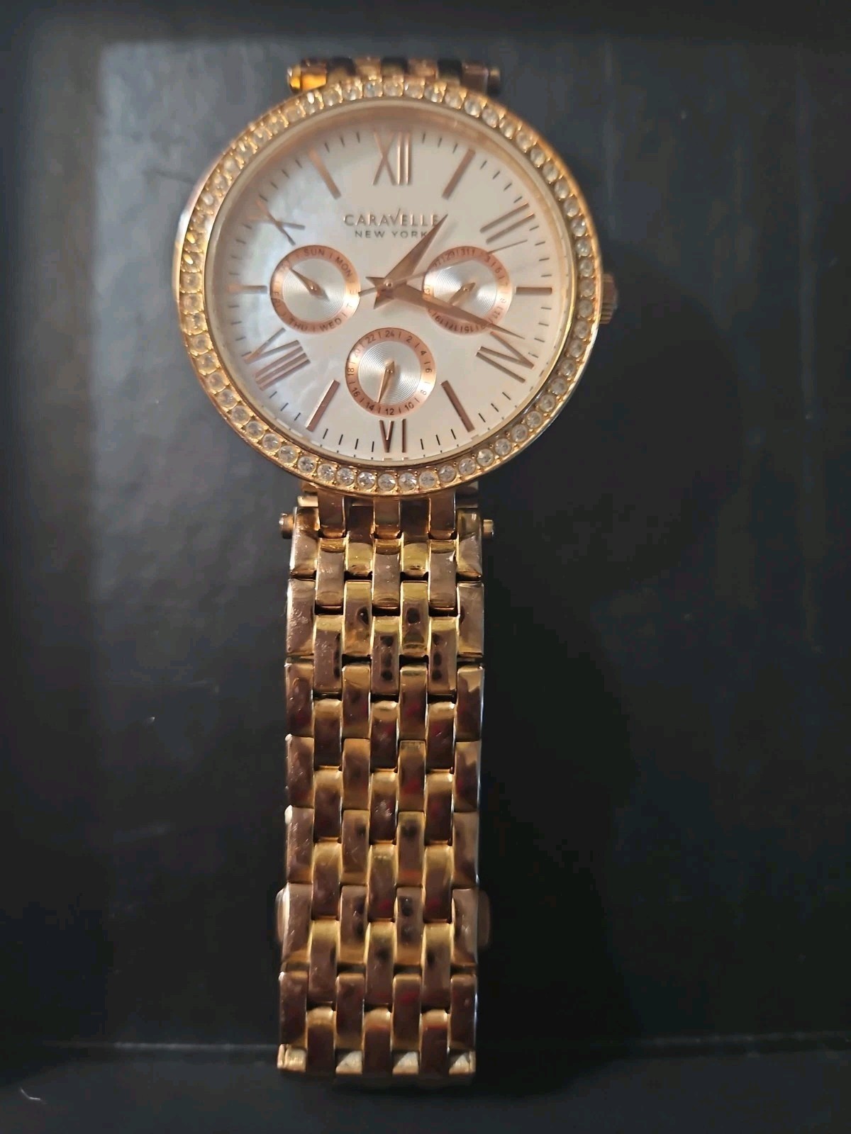 Caravelle New York Women’s Watch Crystals Bezel Mother Pearl Dial Gold Tone