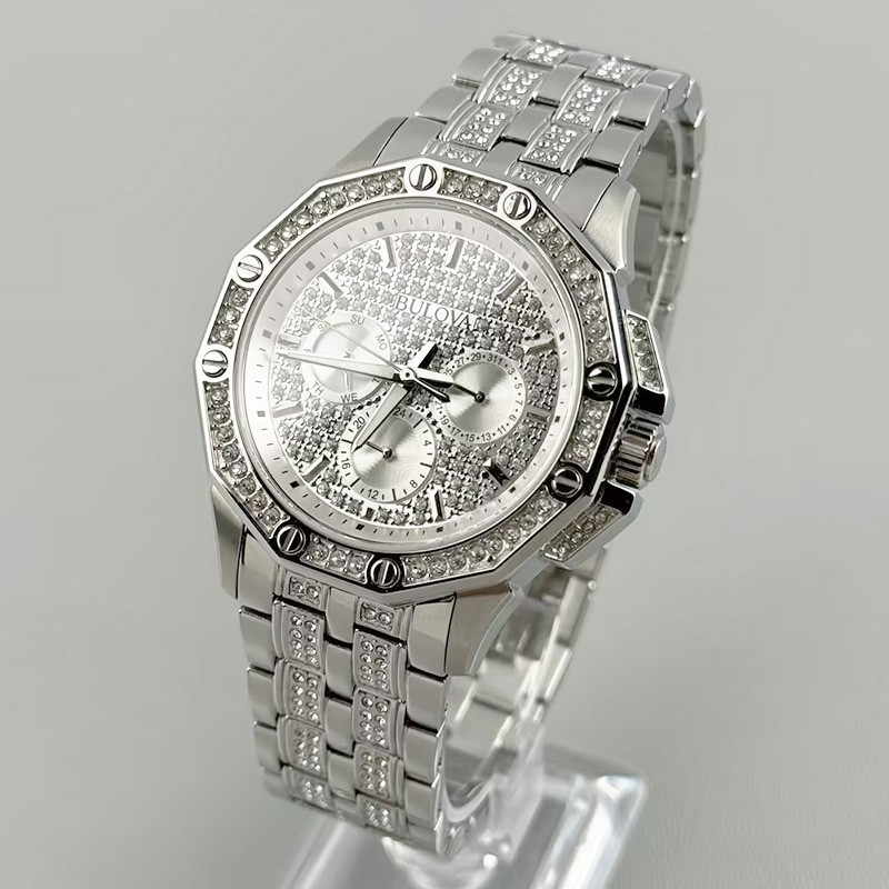 Bulova Octava Crystal 96C134 Silver Dial Chronograph Quartz Men’s Watch 41.5MM