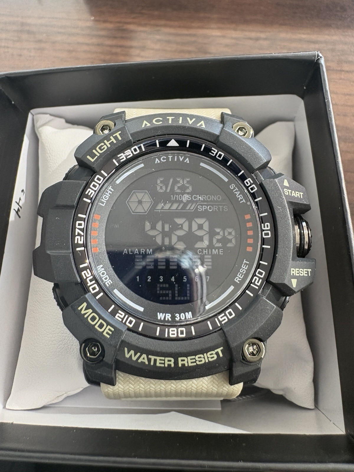 ACTIVA Men’s Digital Sport Quartz Chronograph Alarm 30m Beige Strap Box
