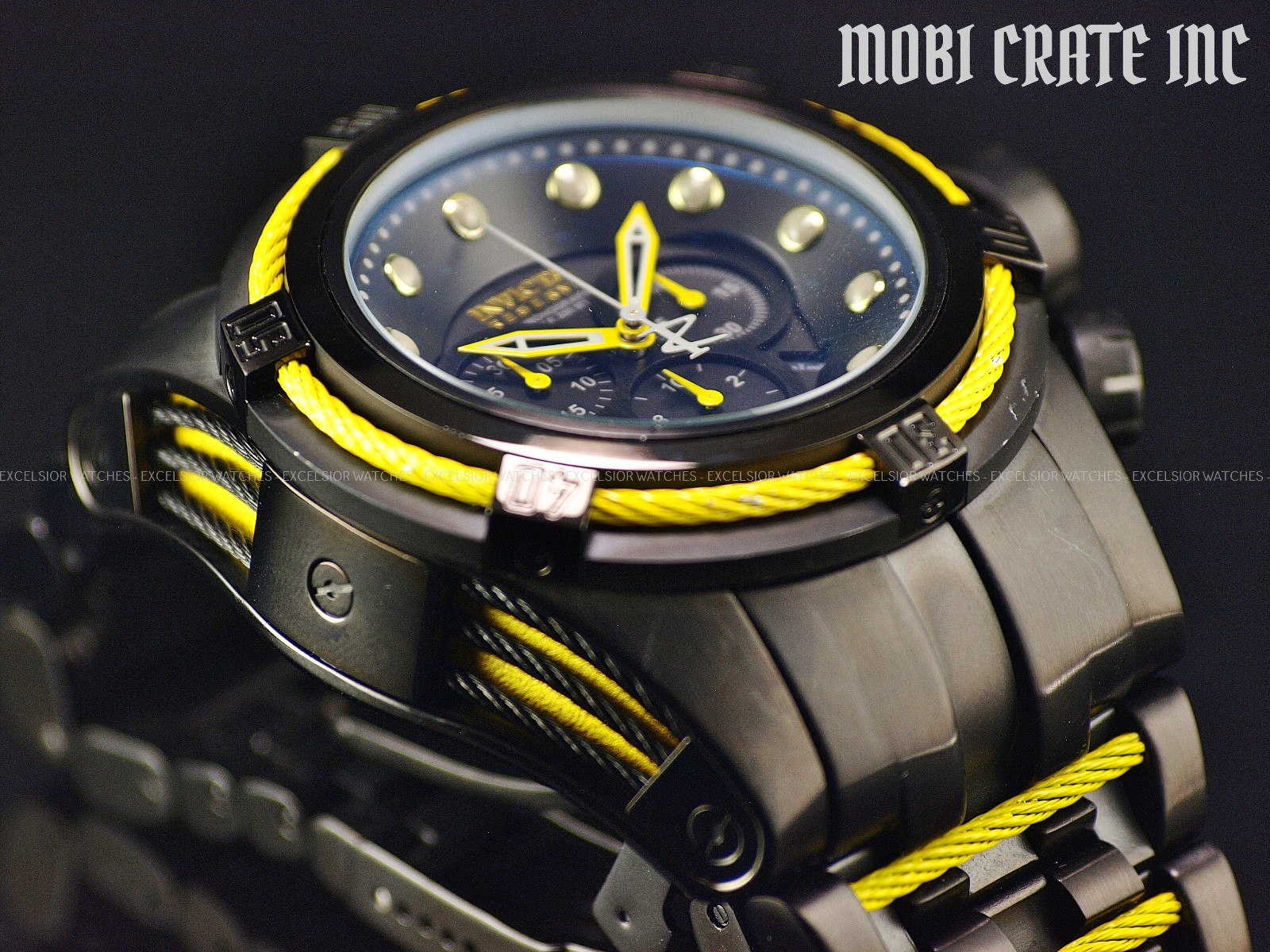 Rare Invicta 53mm RESERVE BOLT ZEUS Swiss Made Chrono Black Yellow SS Watch