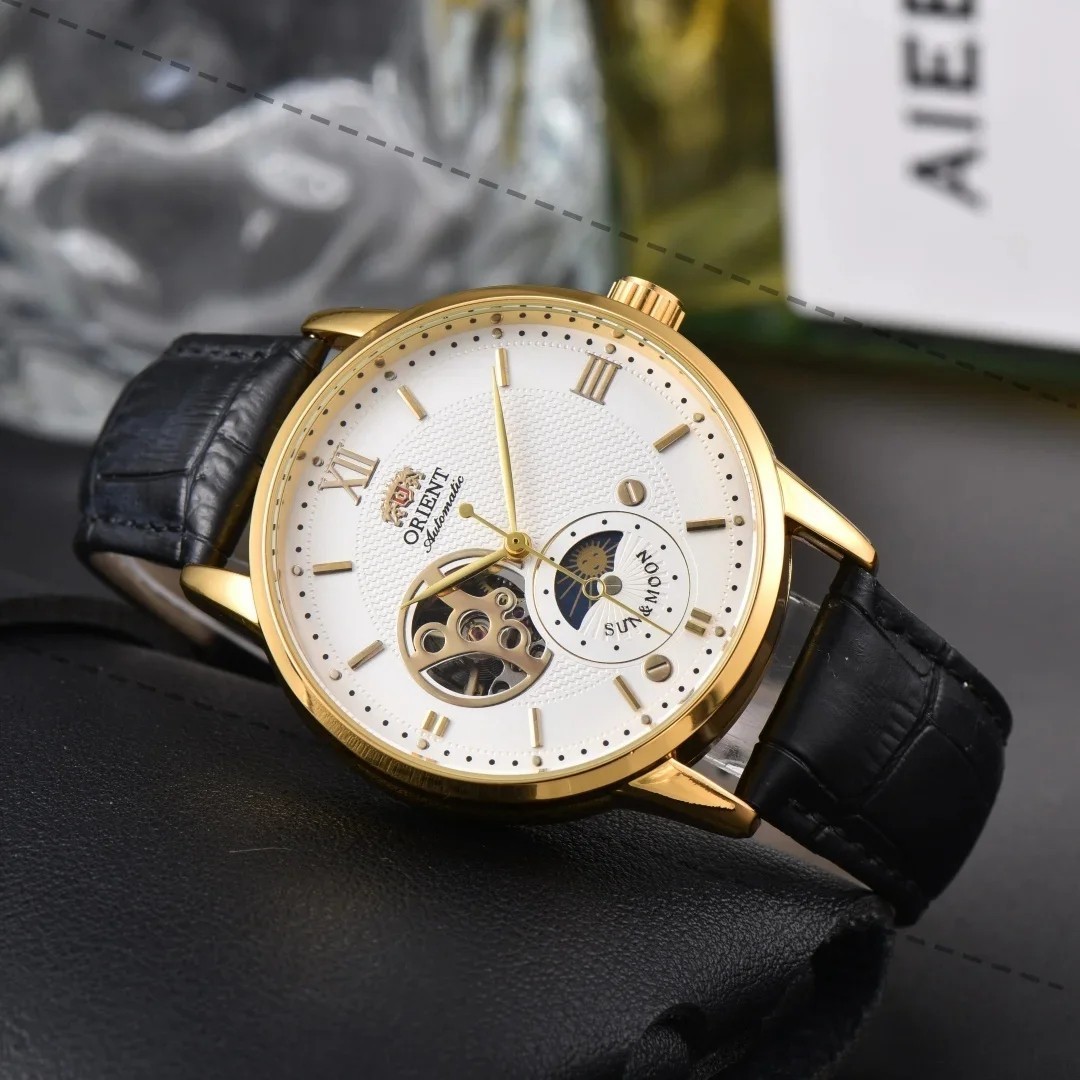 Orient Sun & Moon Semi Skeleton Automatic Watch Men’s Leather Strap Luxury Gift