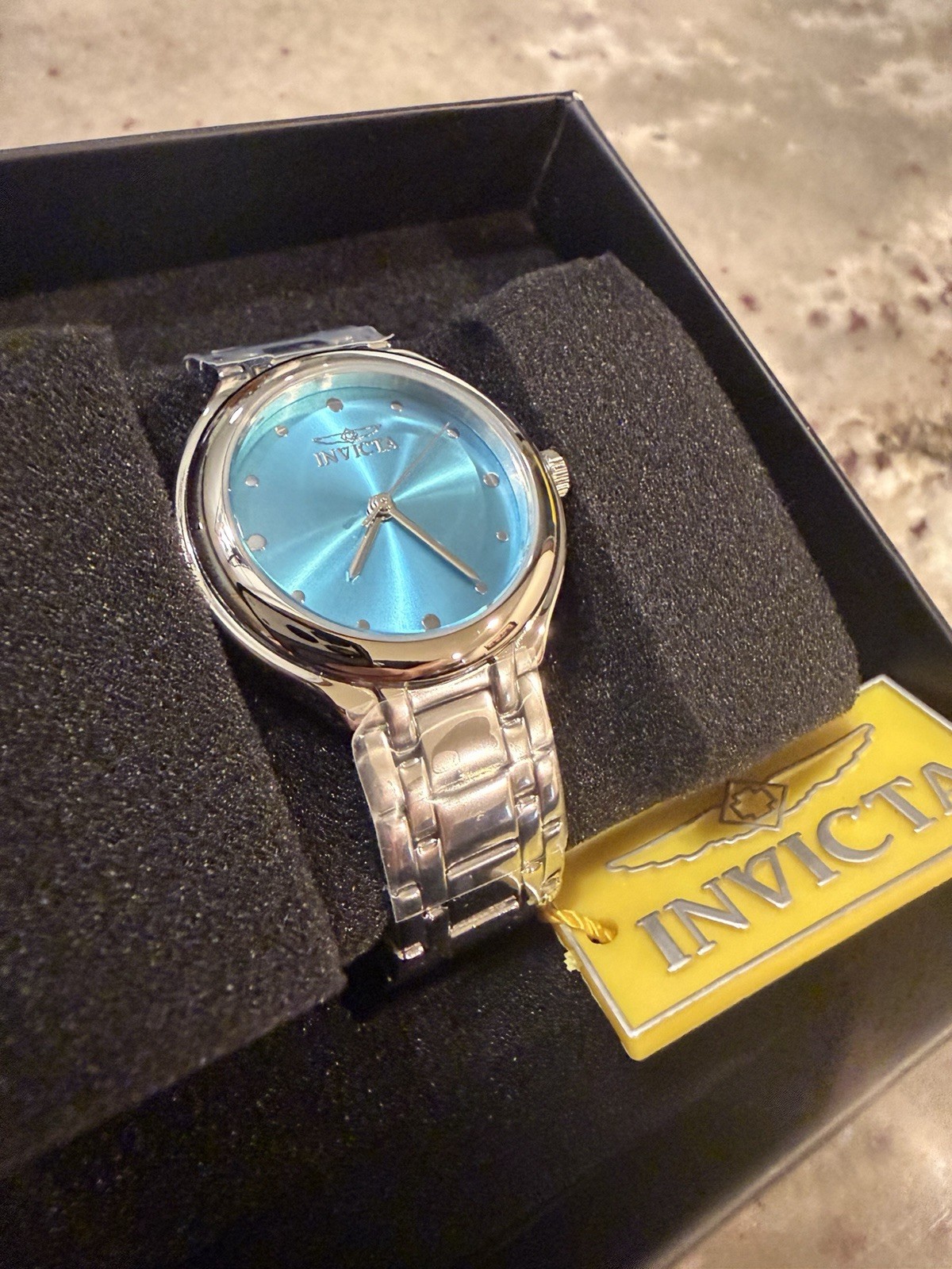 Invicta Analog Watch Sunburst Blue Dial Silver-Tone Metal Bracelet Box