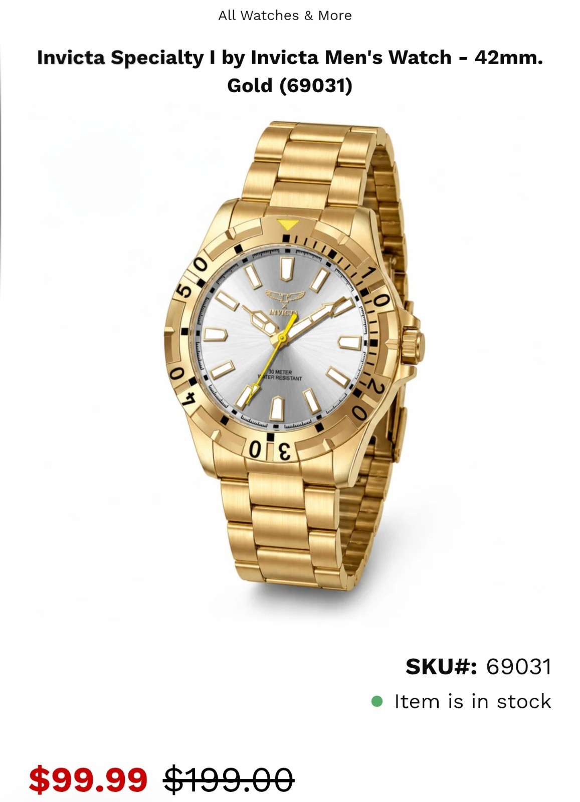 Invicta Specialty I by Invicta Men’s Watch – 42mm,Gold (69031)