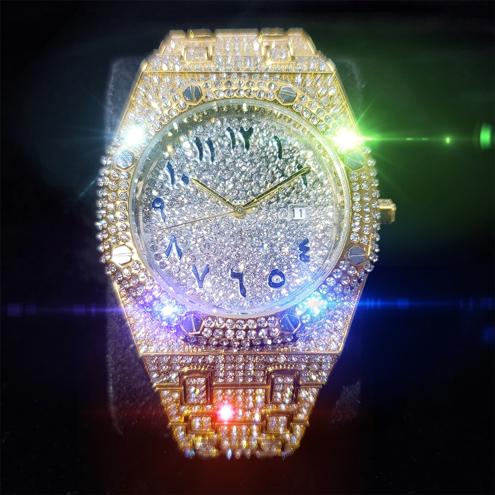 Arabic Hip Hop Luxury Ice out Men’s Watch Iced Bling Gold Cz Diamond Waterproof