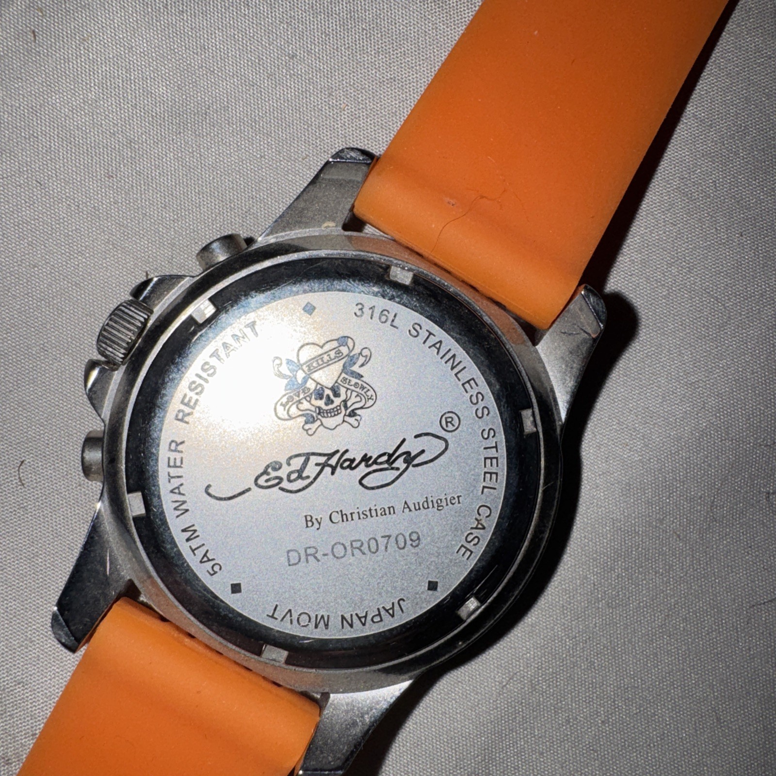 Ed Hardy 45mm Gray Sunburst Dial Dragster Orange Mens Watch DR OR-0709