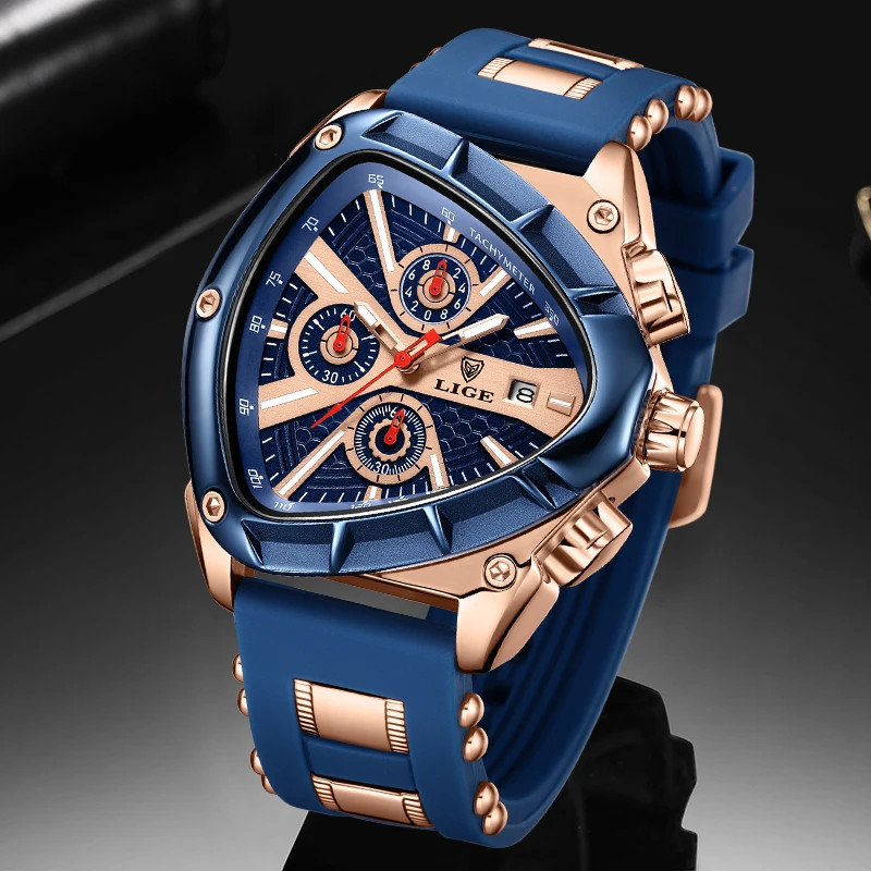 LIGE Fashion Men Watch Triangle Chronograph Military Wristwatch Sport Army Mens