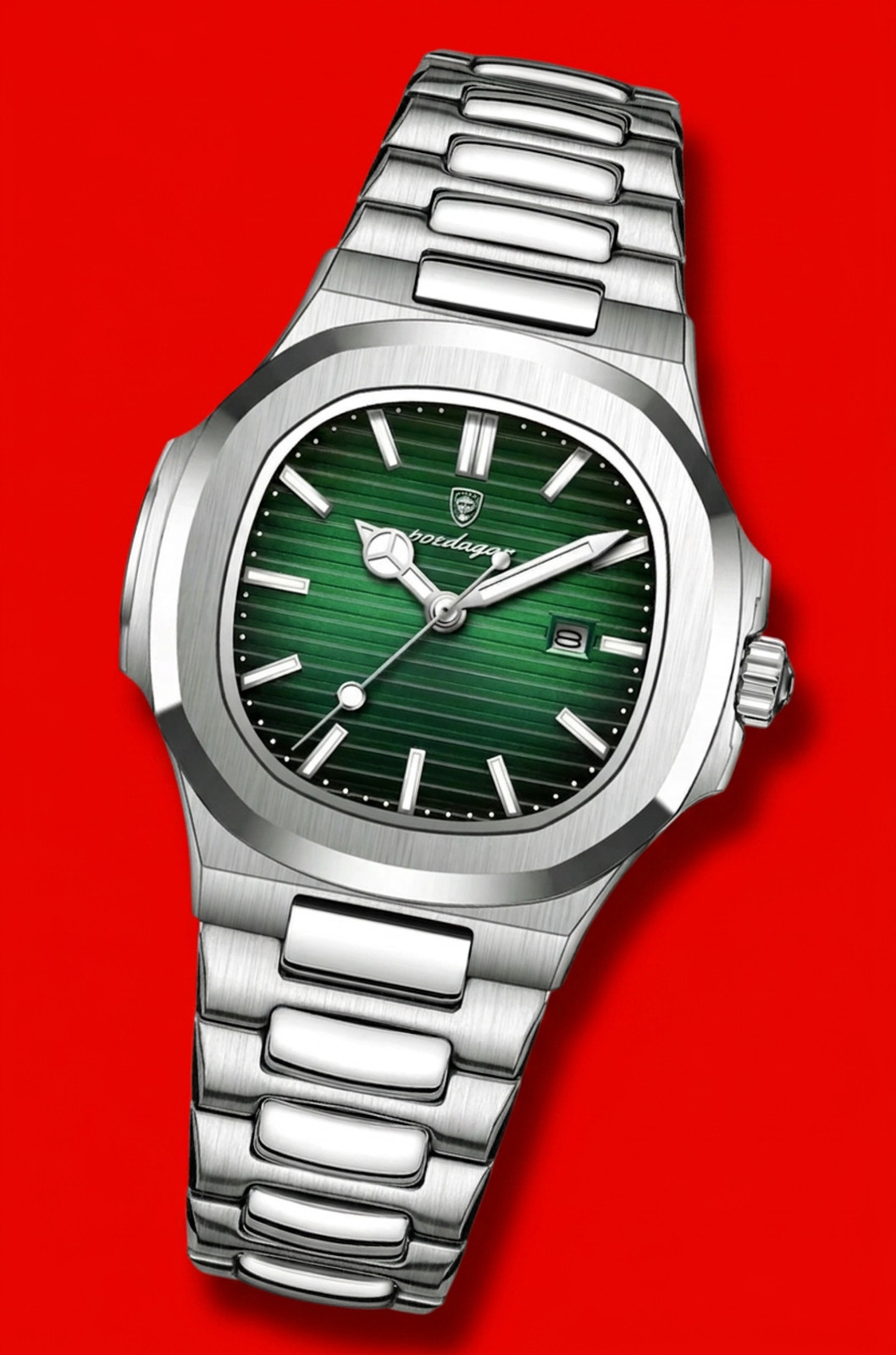 Mens Luxury 42mm Quartz WristWatch Luminous Stainless Silver Green Dial Poedagar