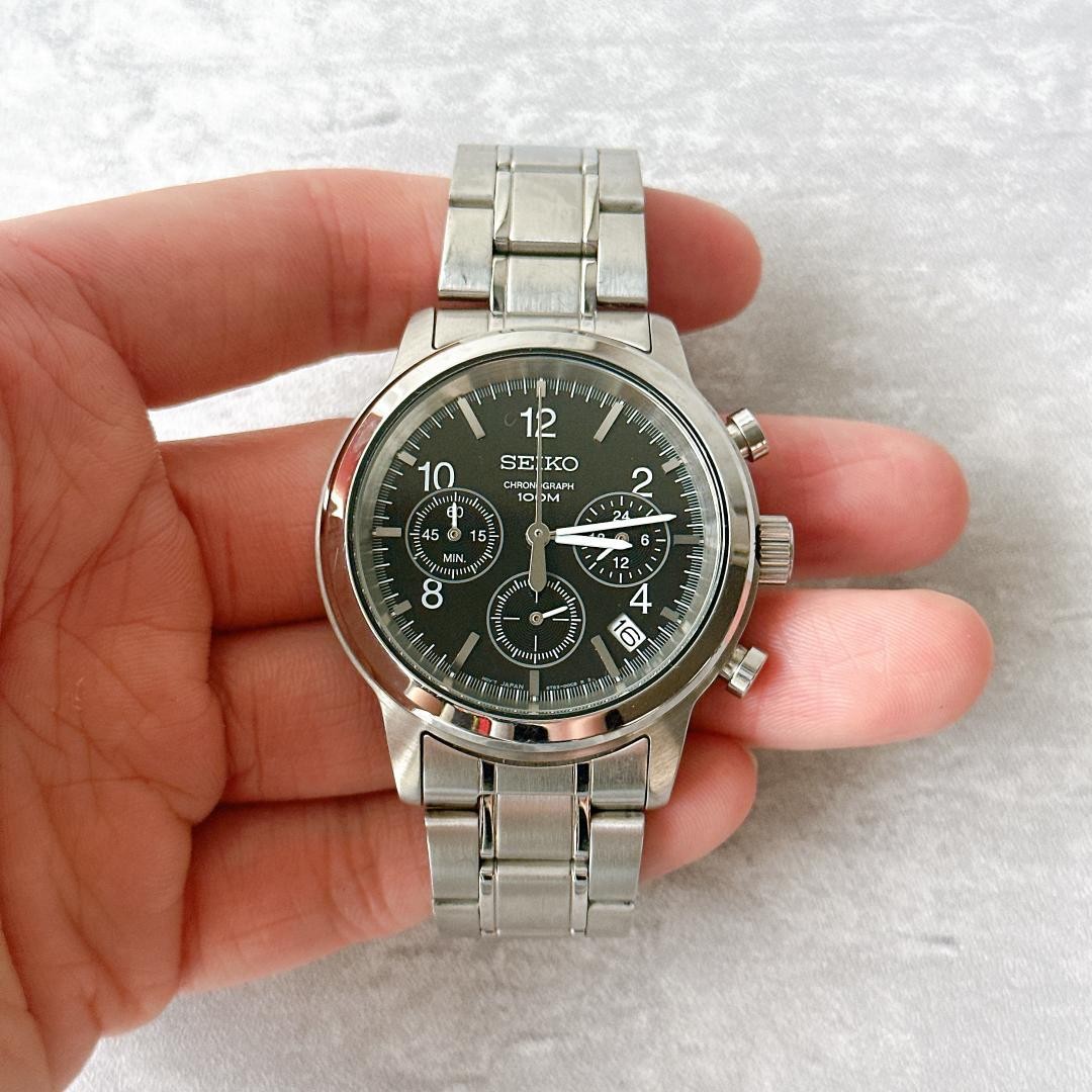 Seiko Chronograph Quartz Black Dial Sport Watch 39mm Wrist 17cm Used